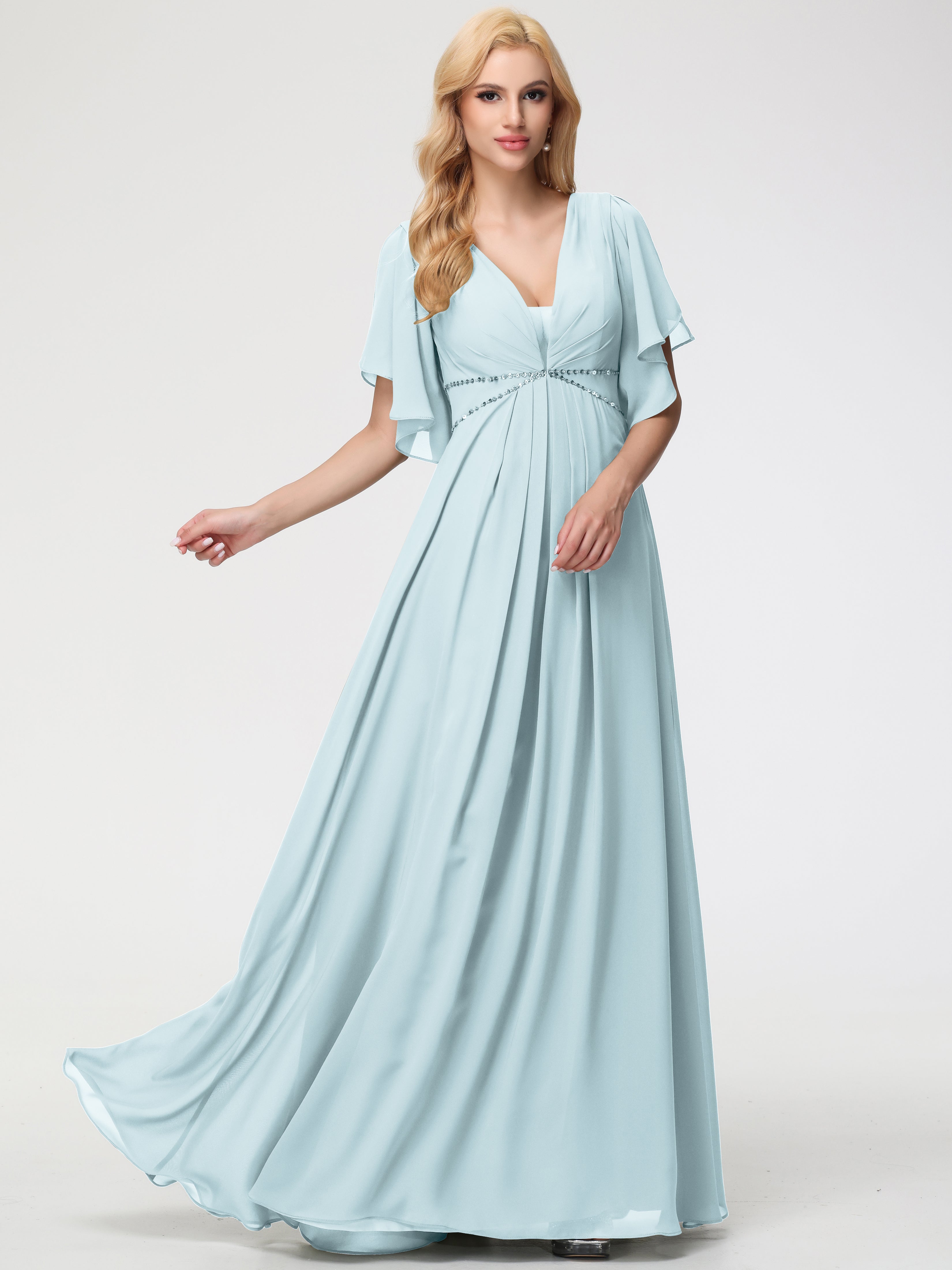 A-Line Sequins Sleeves Floor-Length Chiffon Bridesmaid Dresses