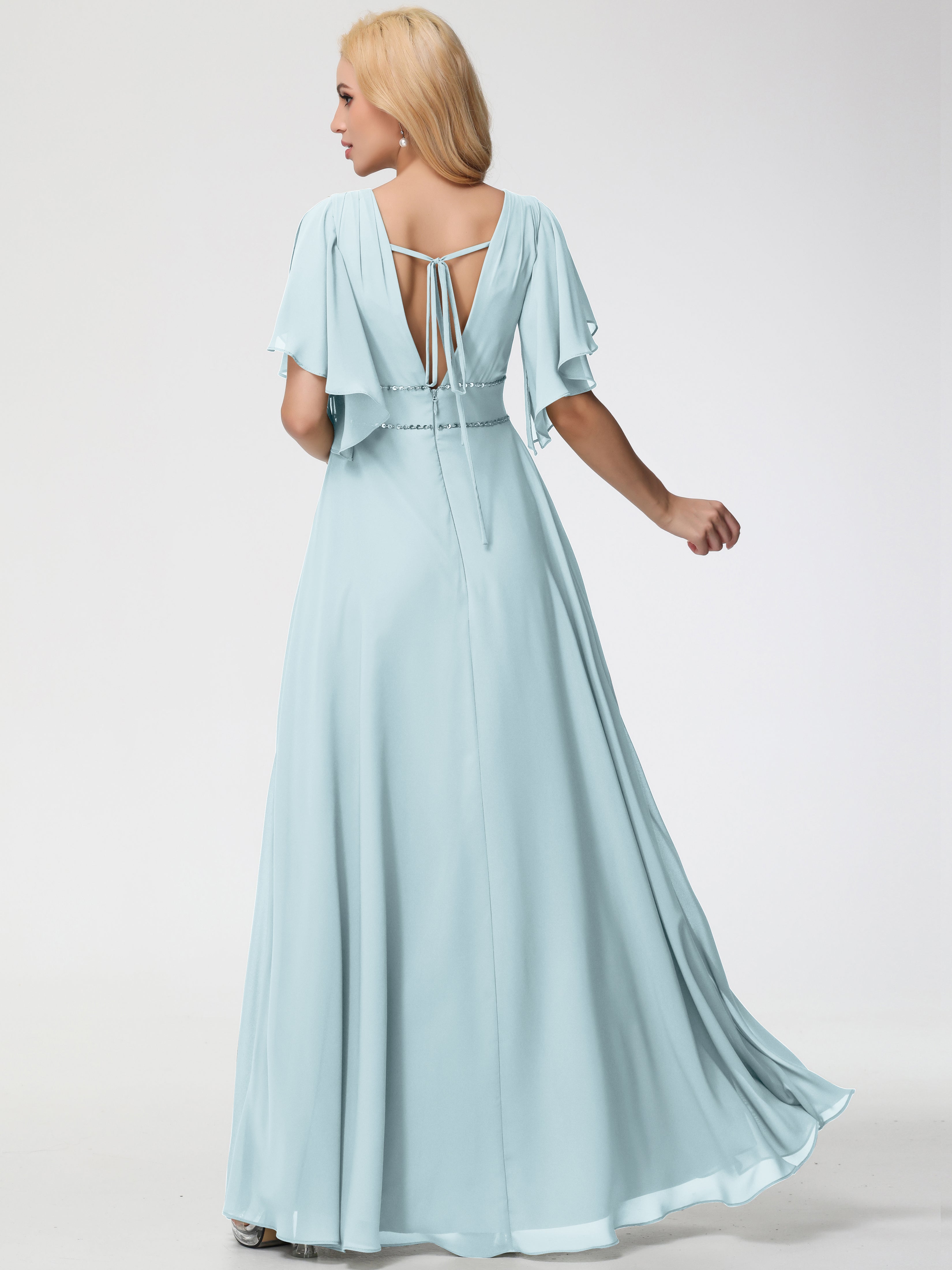 A-Line Sequins Sleeves Floor-Length Chiffon Bridesmaid Dresses