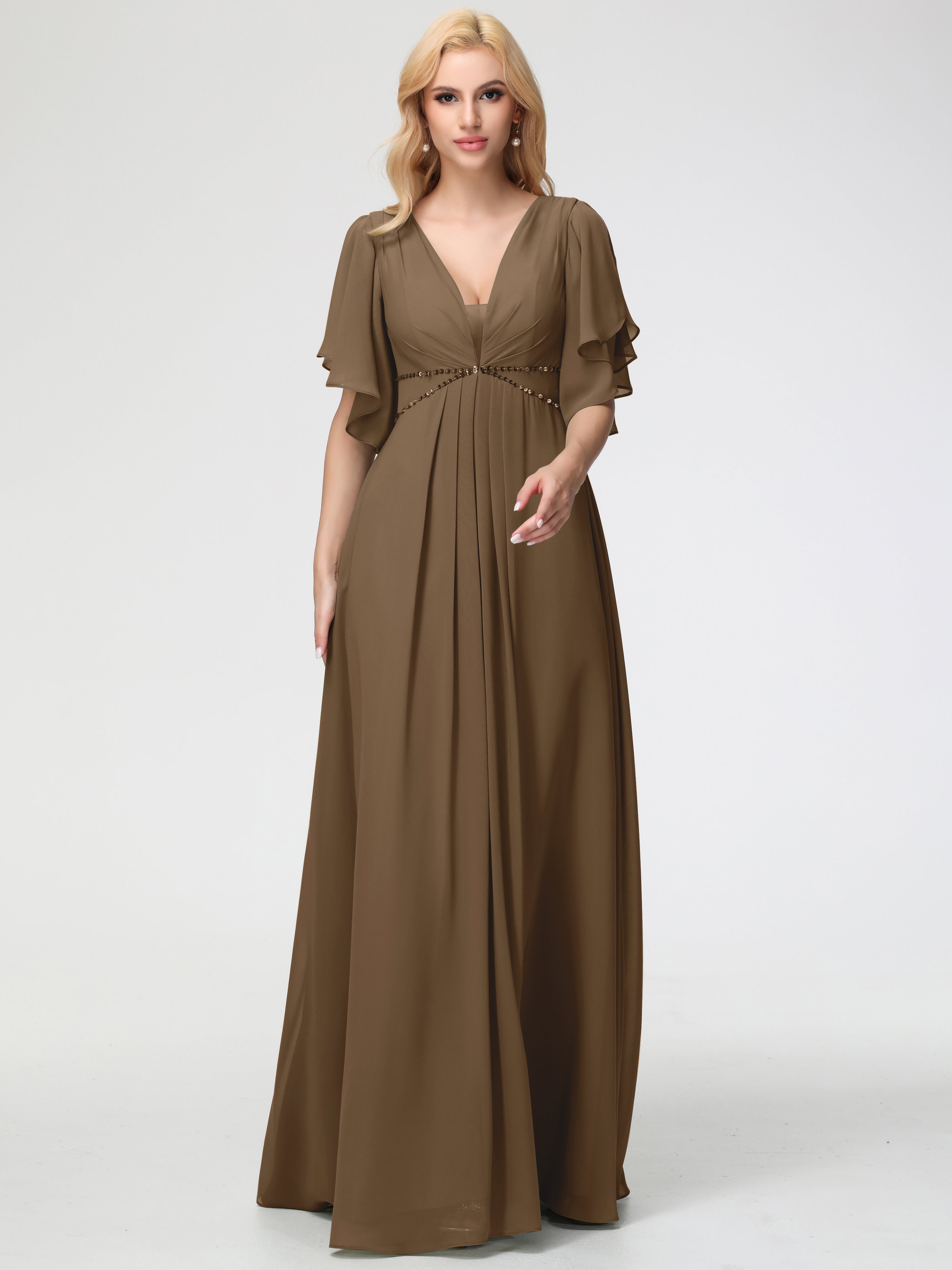A-Line Sequins Sleeves Floor-Length Chiffon Bridesmaid Dresses