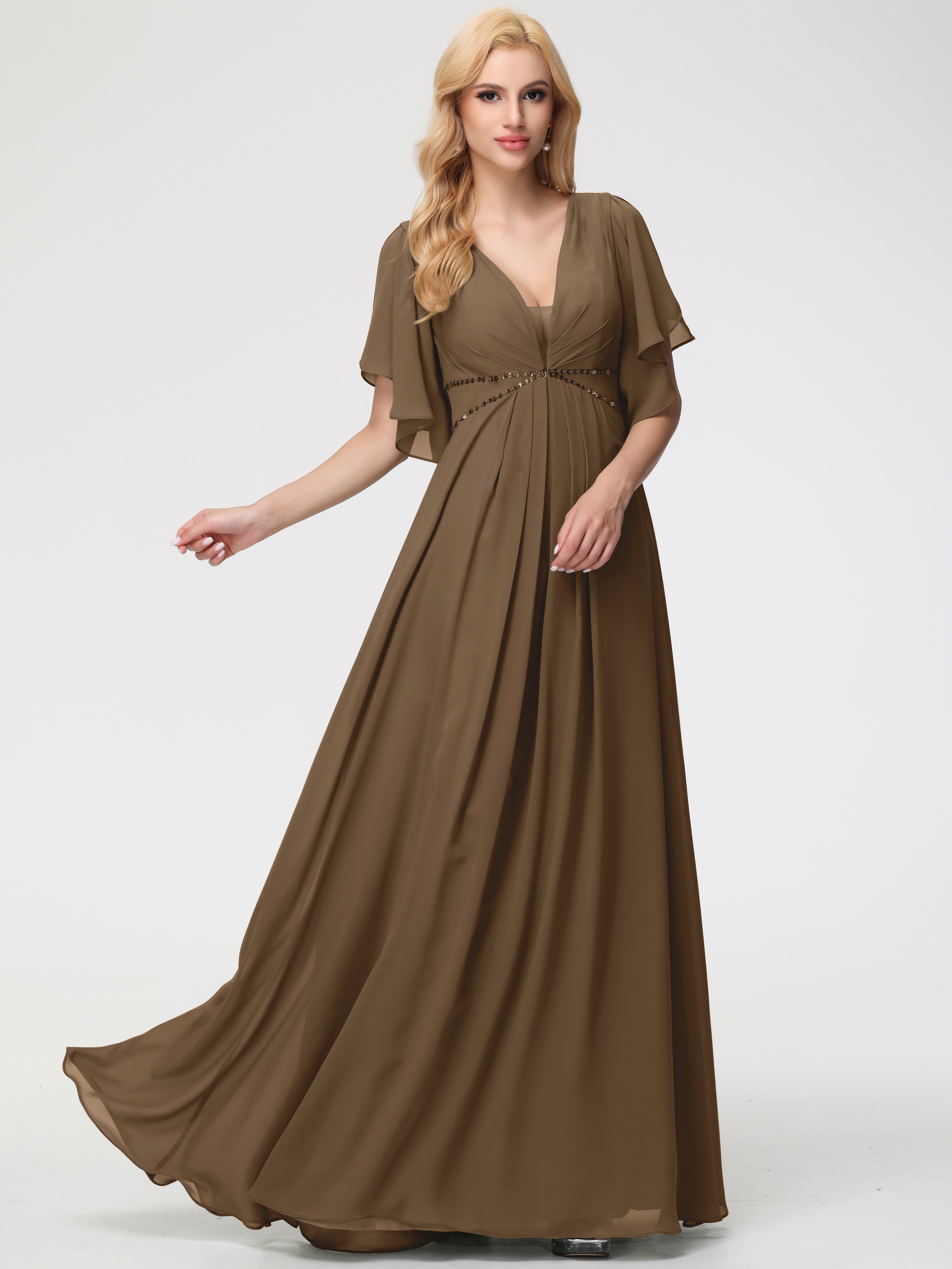 A-Line Sequins Sleeves Floor-Length Chiffon Bridesmaid Dresses