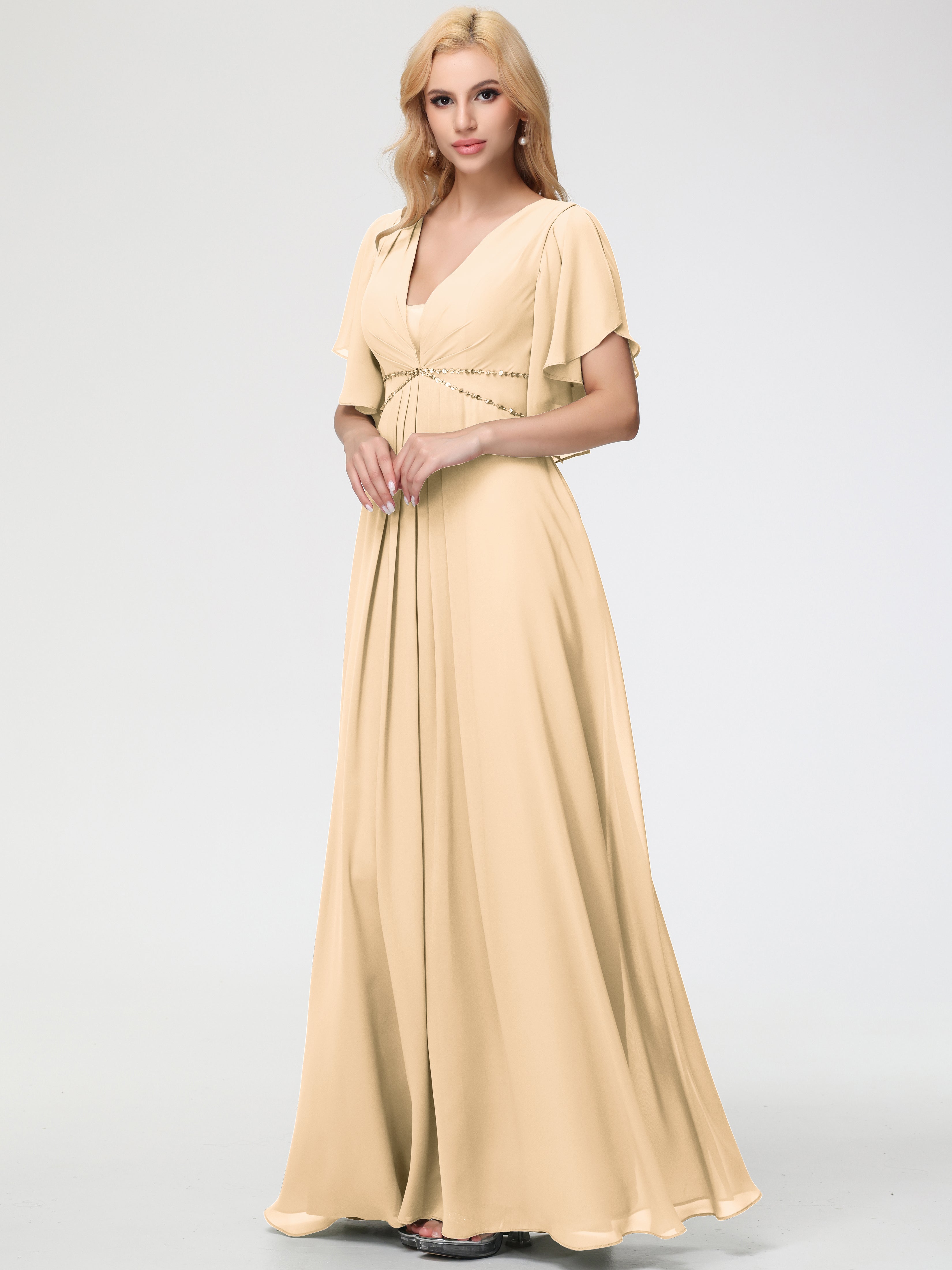 A-Line Sequins Sleeves Floor-Length Chiffon Bridesmaid Dresses (Copy)