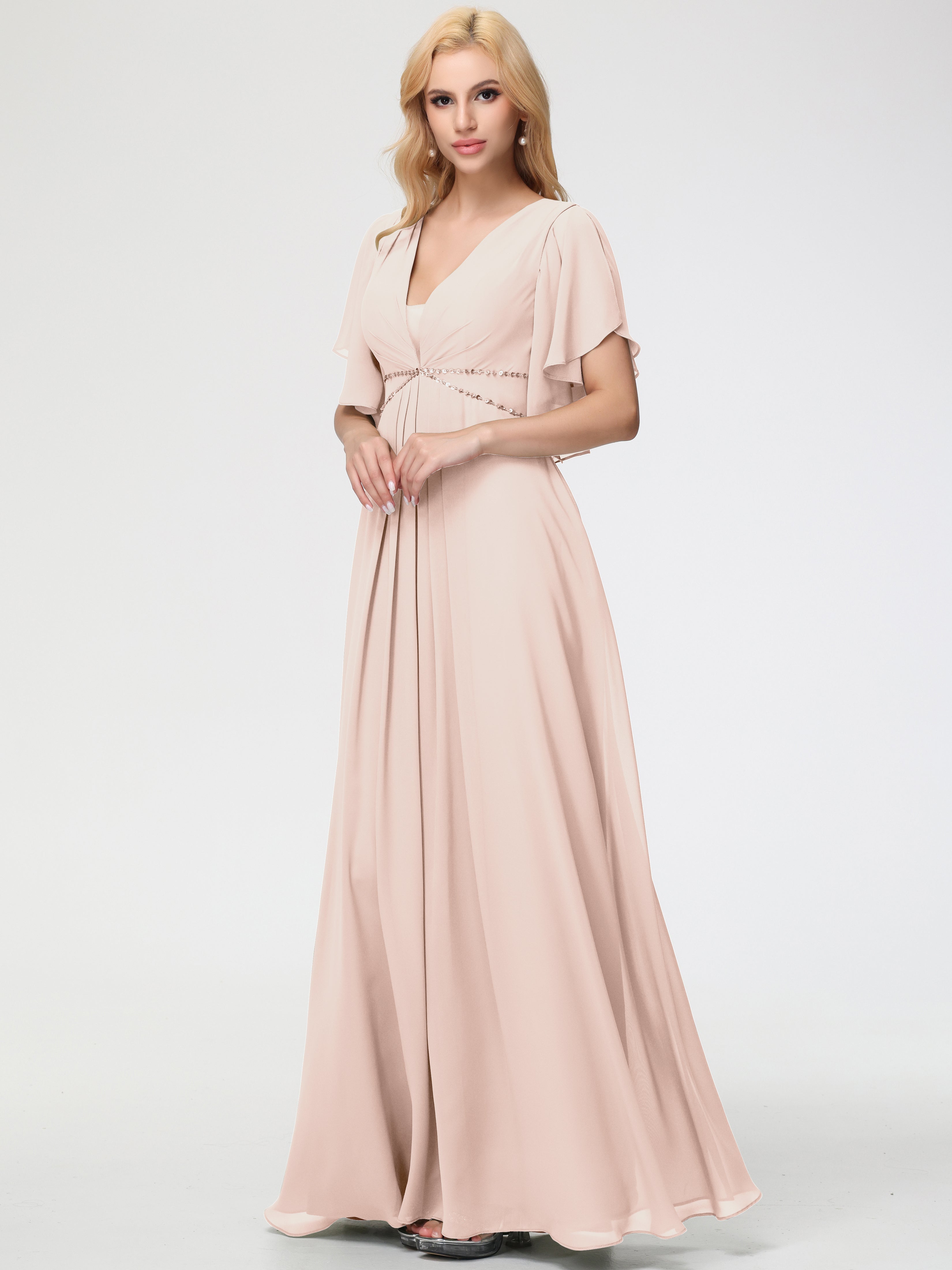 A-Line Sequins Sleeves Floor-Length Chiffon Bridesmaid Dresses (Copy)