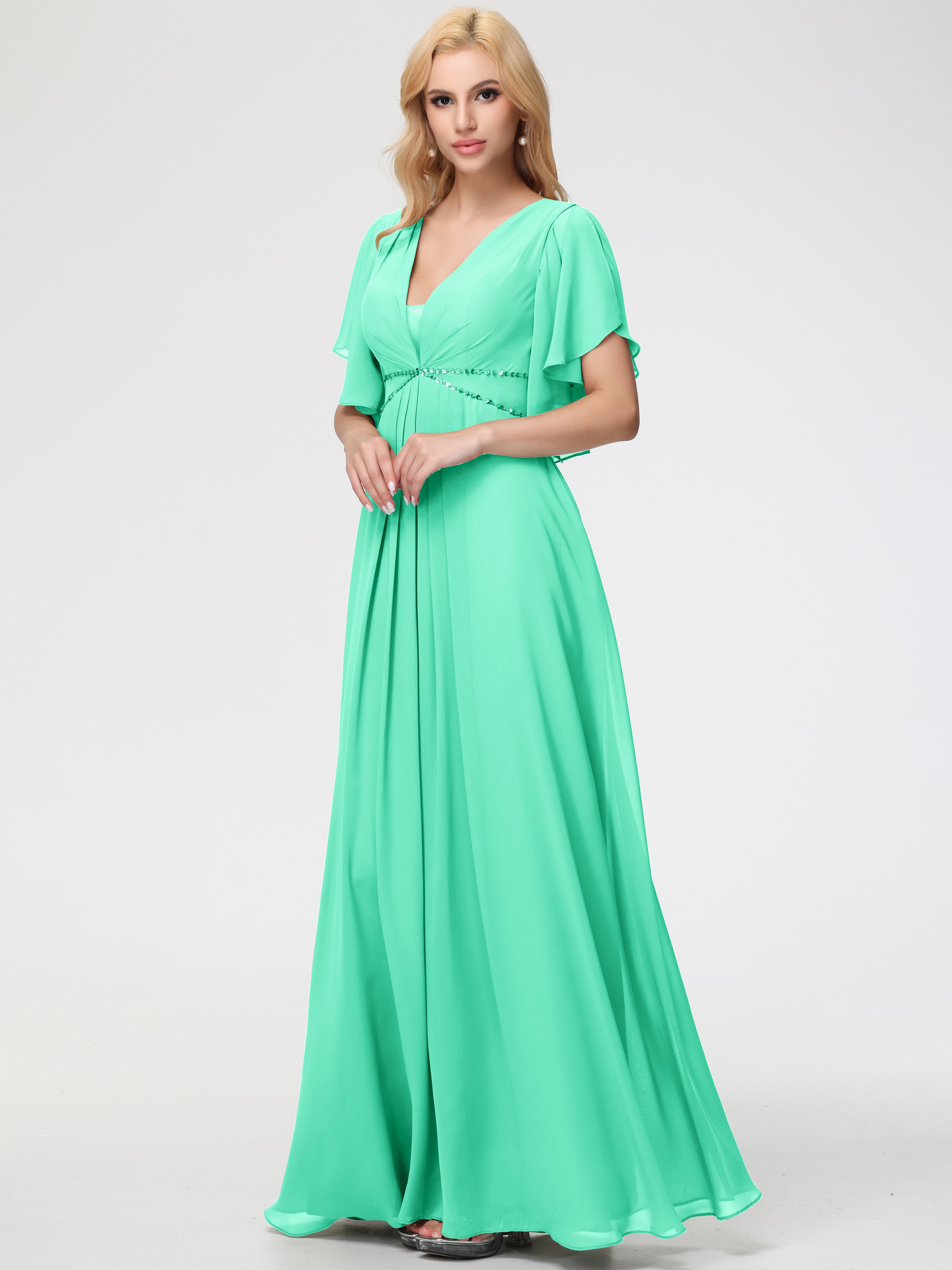 A-Line Sequins Sleeves Floor-Length Chiffon Bridesmaid Dresses (Copy)