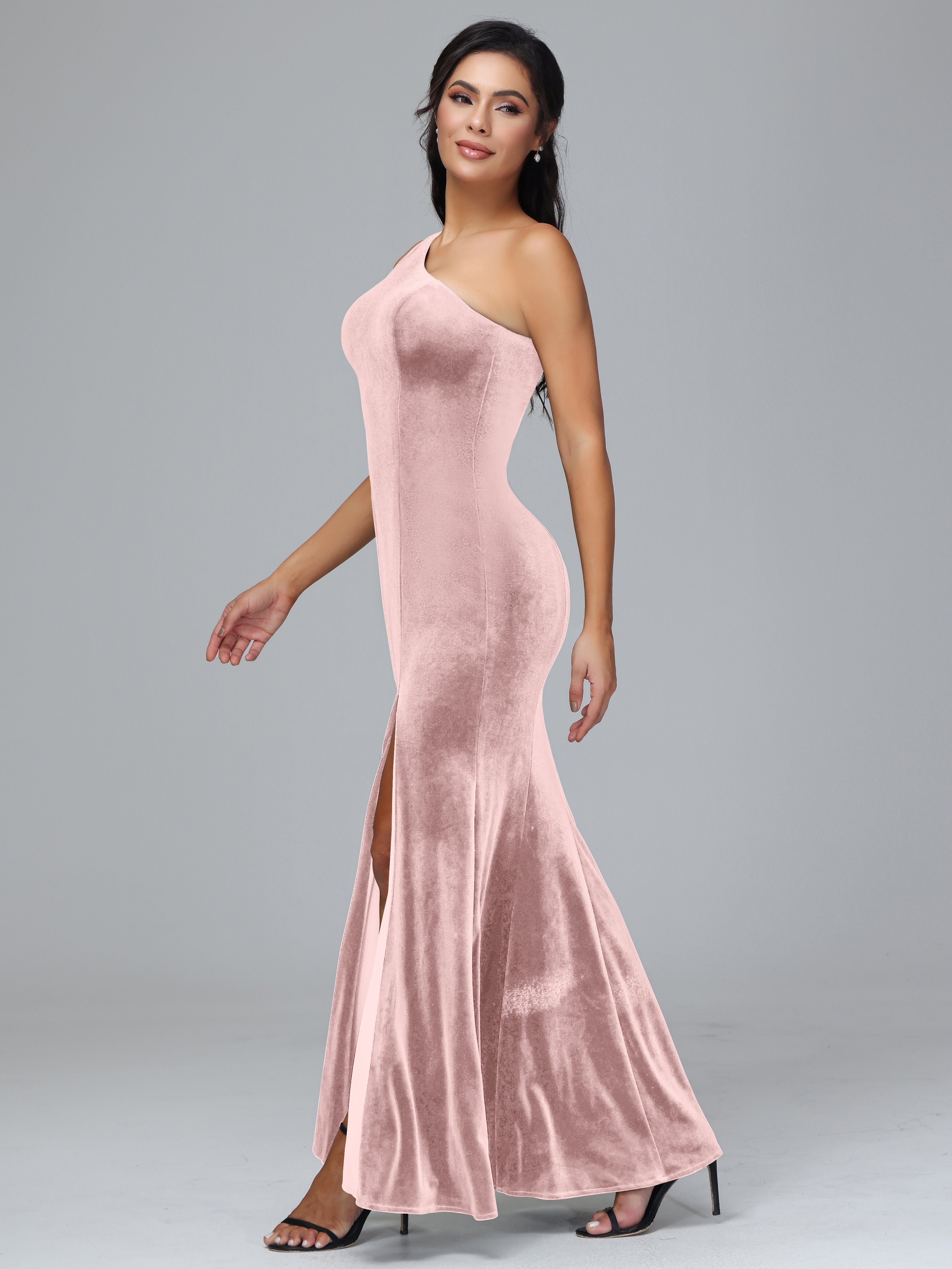 Sheath/Column One Shoulder Long Velvet Bridesmaid Dresses With Split