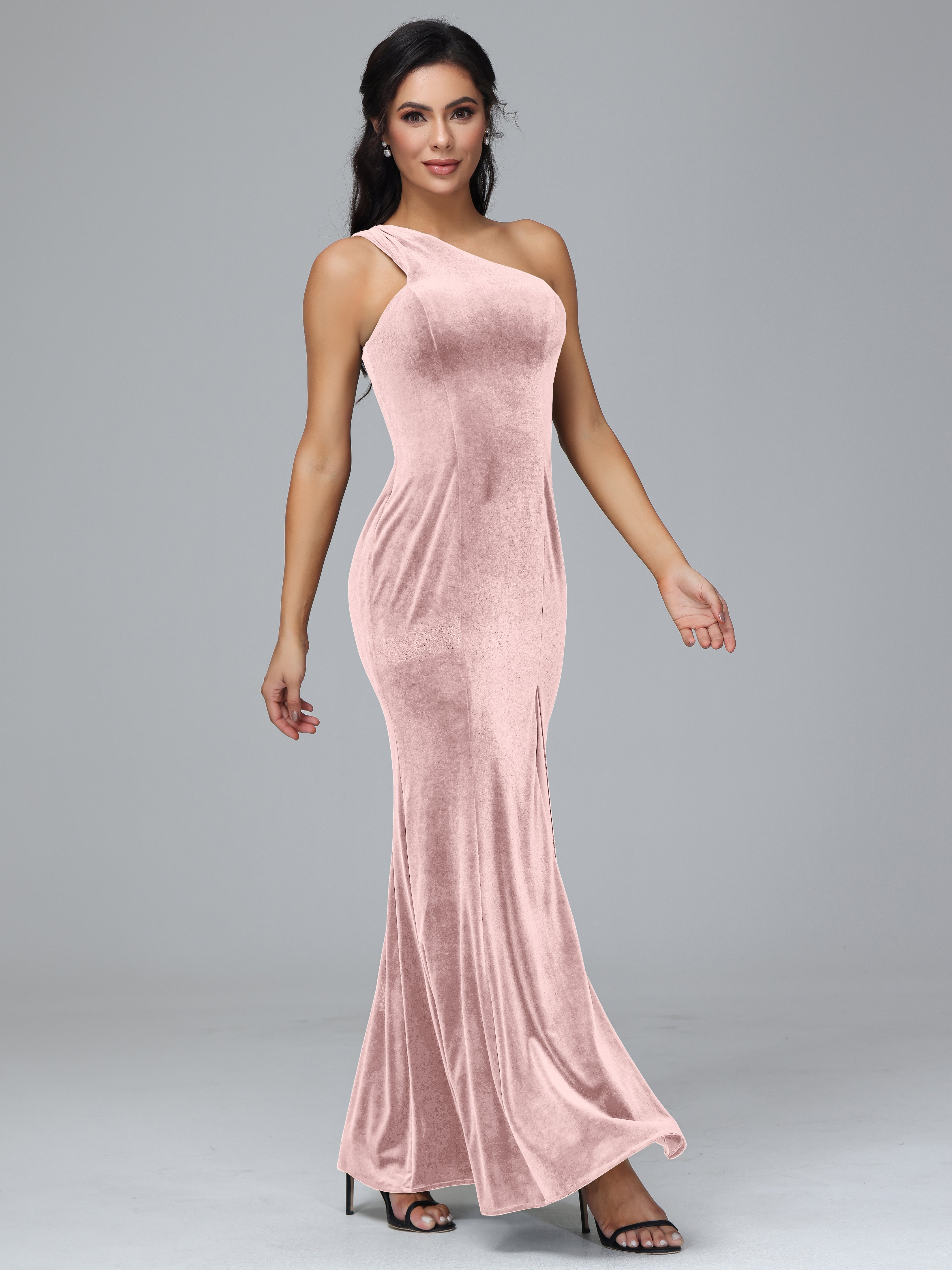 Sheath/Column One Shoulder Long Velvet Bridesmaid Dresses With Split