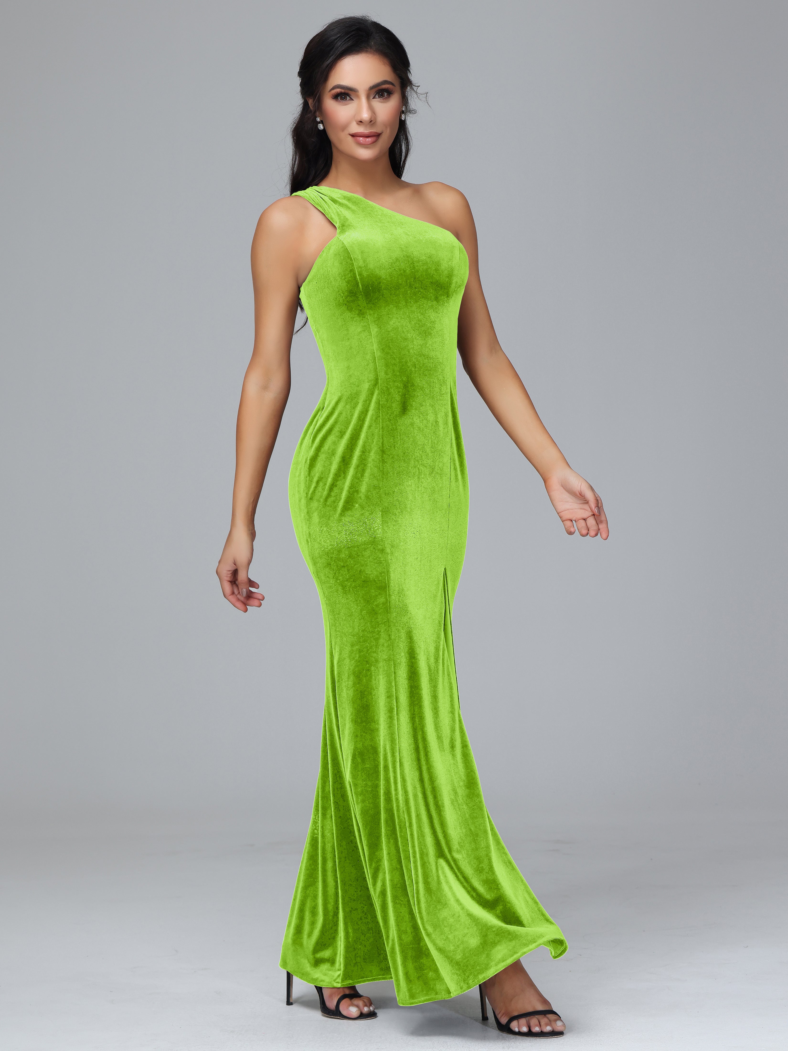 Sheath/Column One Shoulder Long Velvet Bridesmaid Dresses With Split