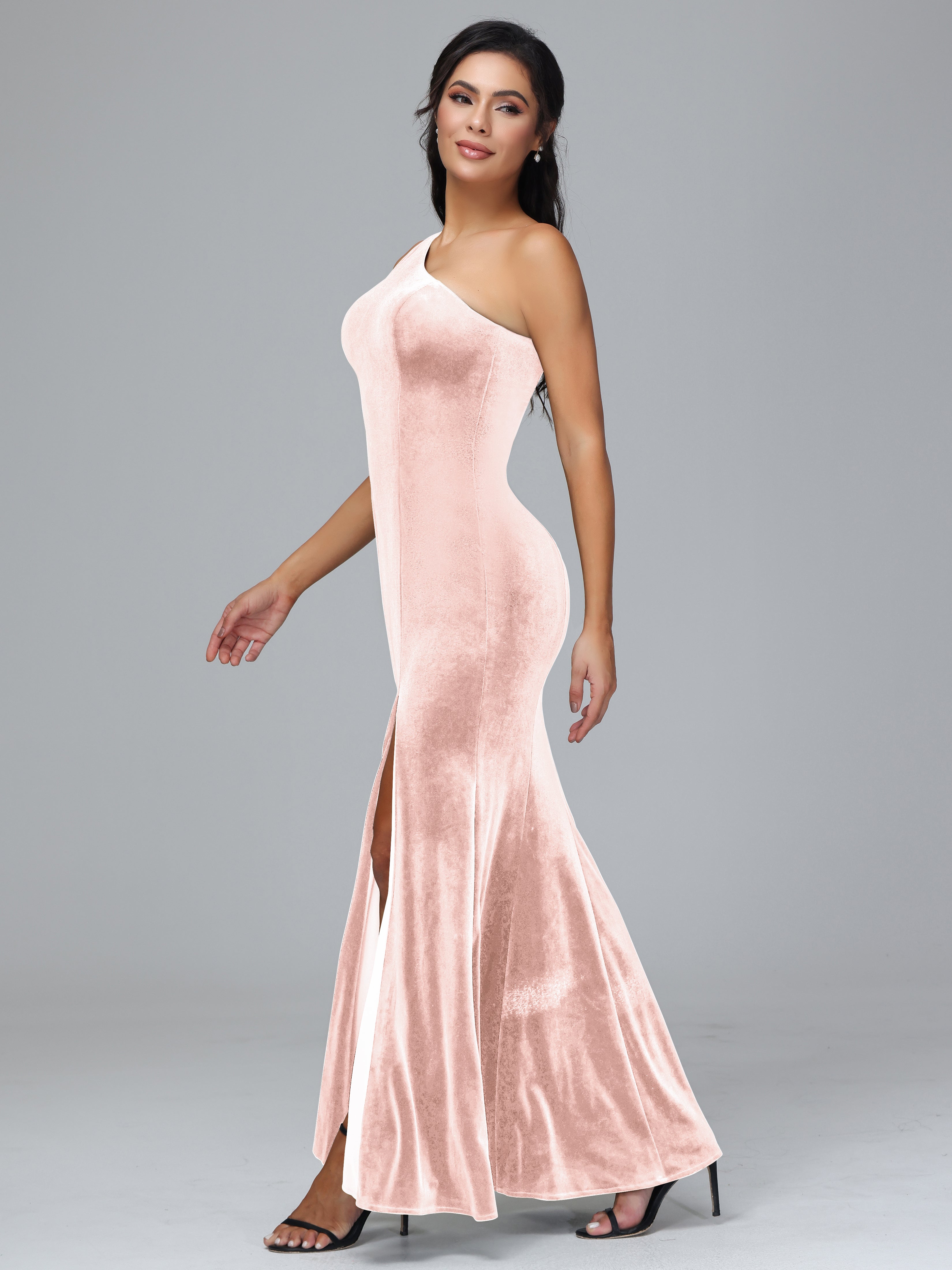 Sheath/Column One Shoulder Long Velvet Bridesmaid Dresses With Split