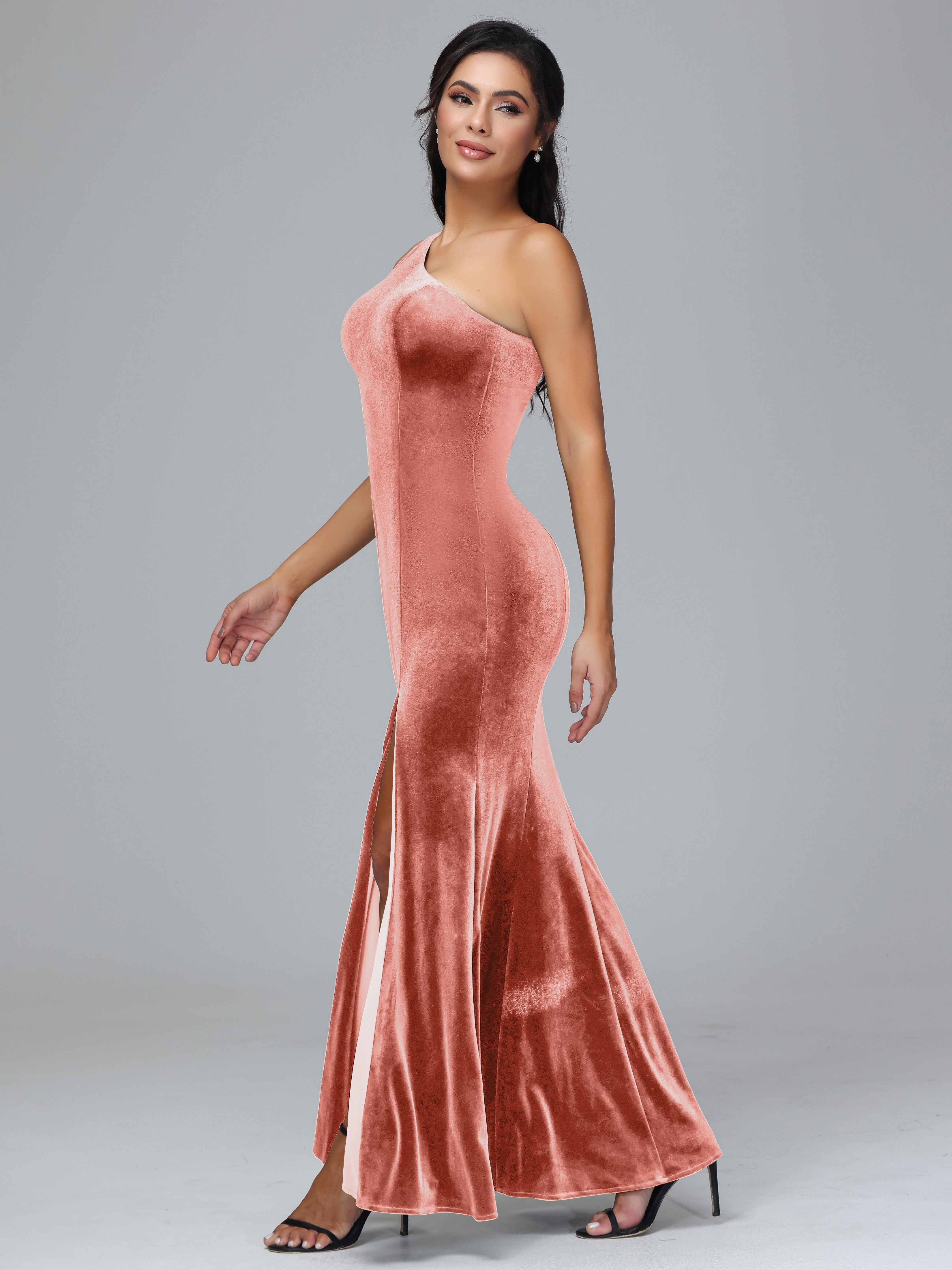 Sheath/Column One Shoulder Long Velvet Bridesmaid Dresses With Split