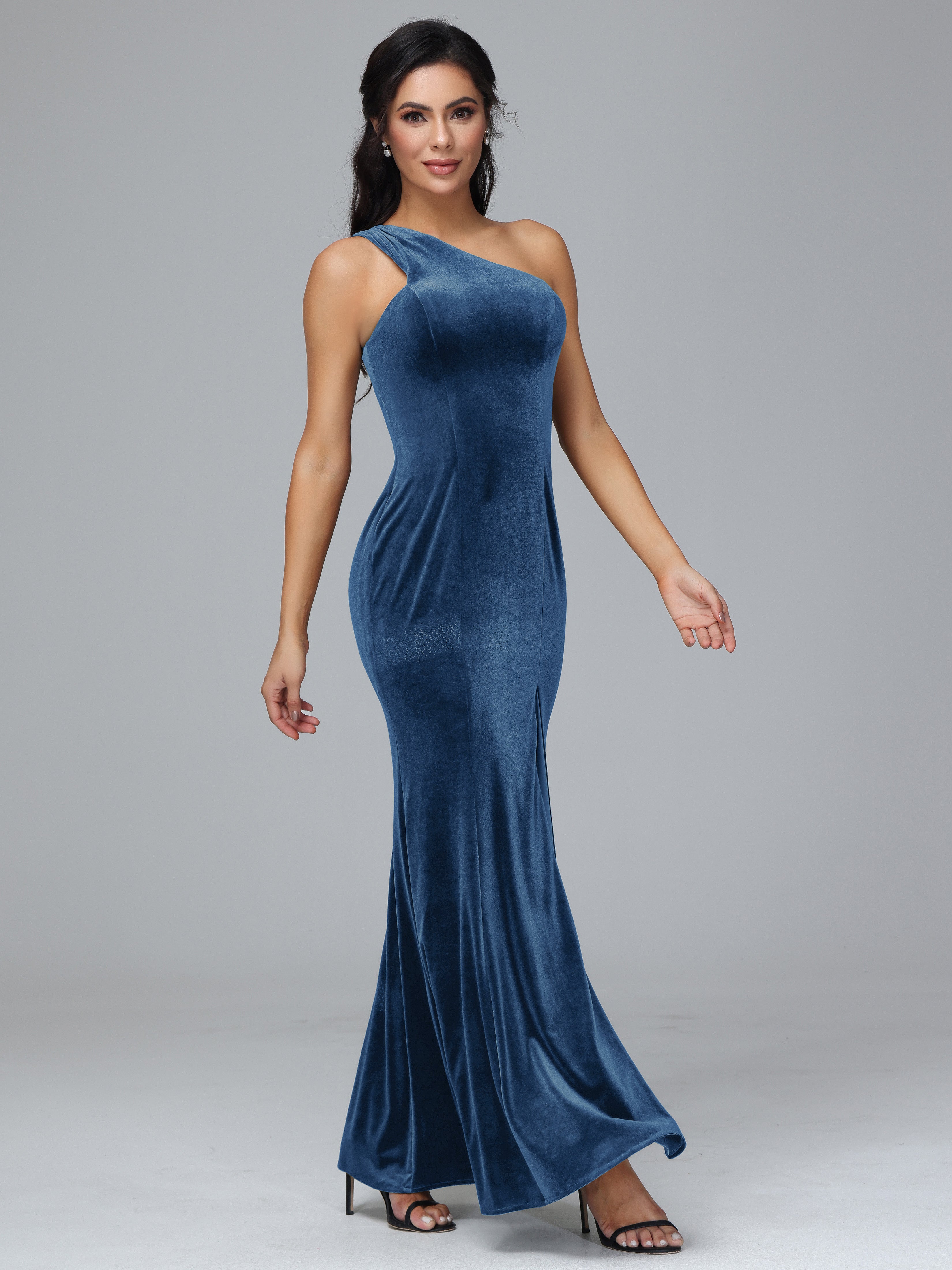 Sheath/Column One Shoulder Long Velvet Bridesmaid Dresses With Split