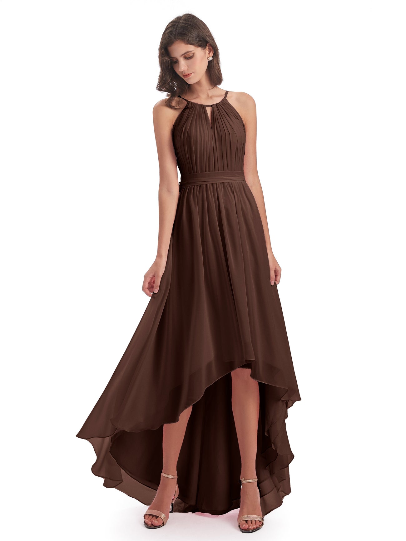 Chocolate Brown Bridesmaid Dress Lilly Dreamy Halter High-Low Chiffon