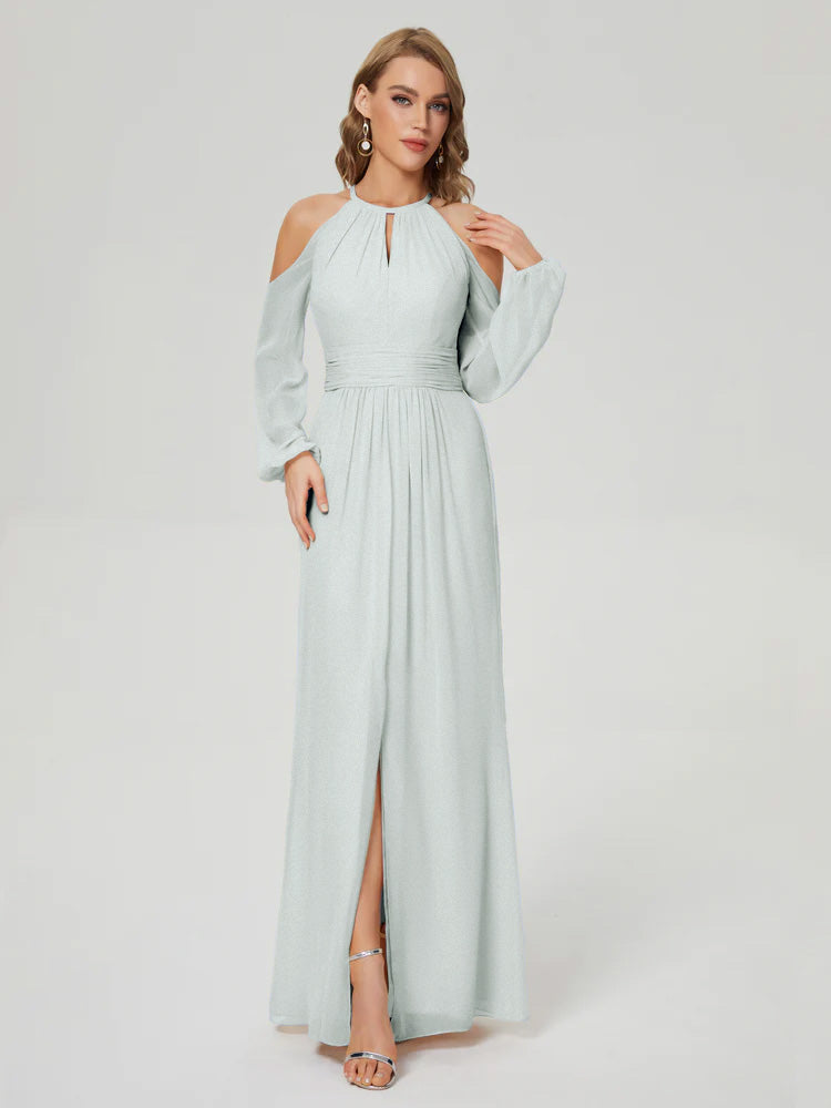 Phoebe Halter Long Sleeves Chiffon Bridesmaid Dresses
