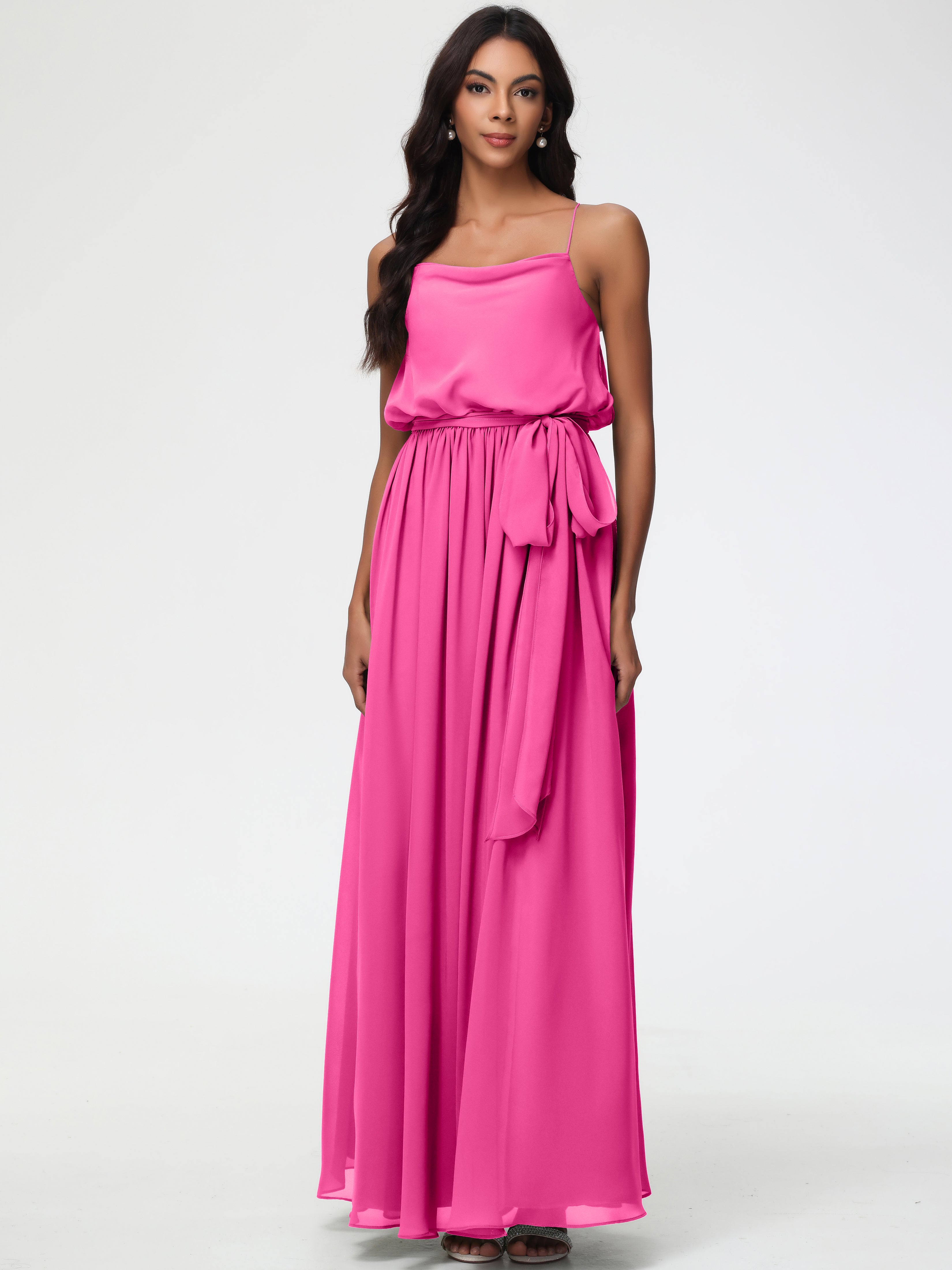 A-Line Cowl Spaghetti Straps Sleeveless Long Split Chiffon Bridesmaid Dresses