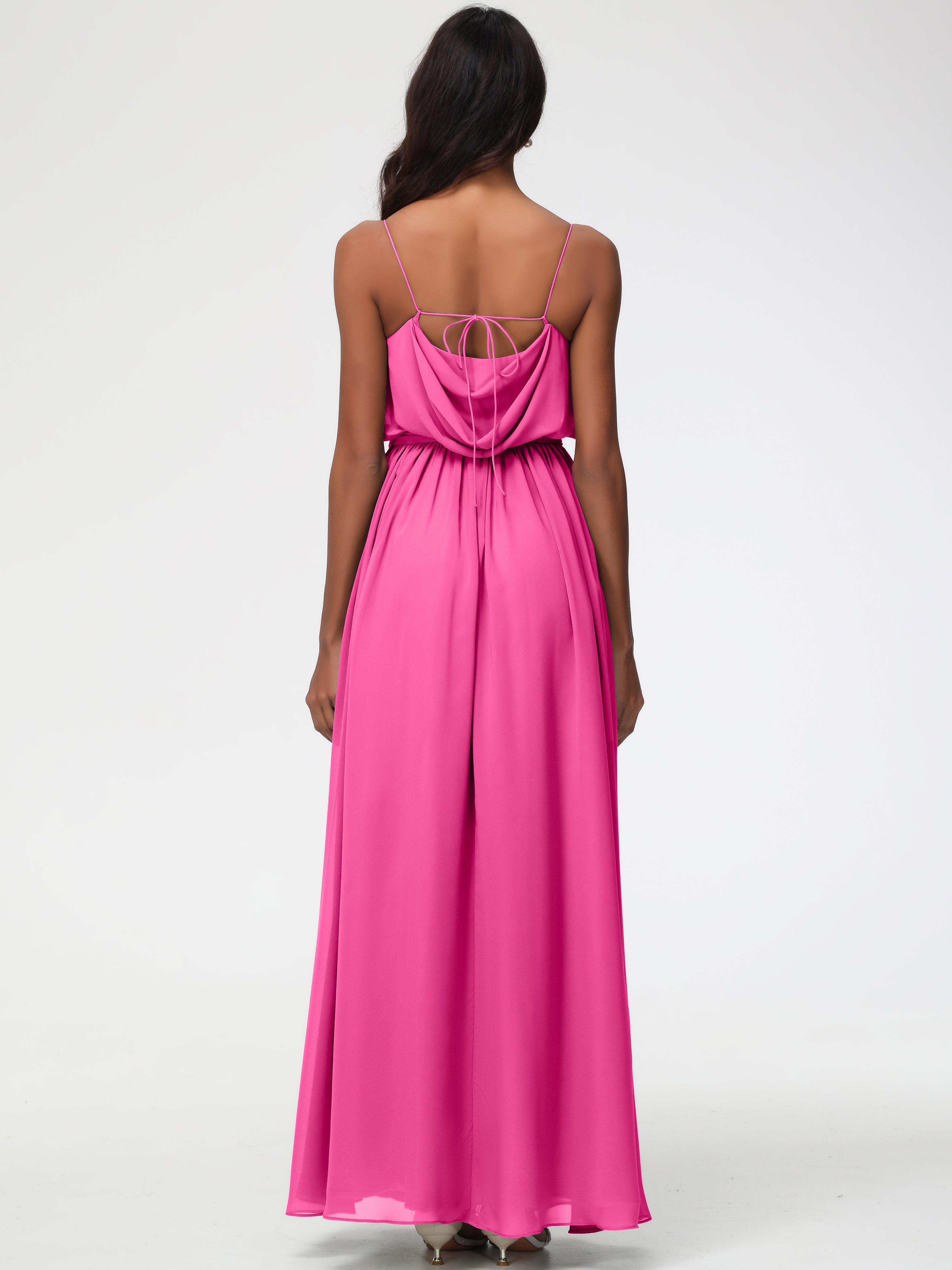 A-Line Cowl Spaghetti Straps Sleeveless Long Split Chiffon Bridesmaid Dresses