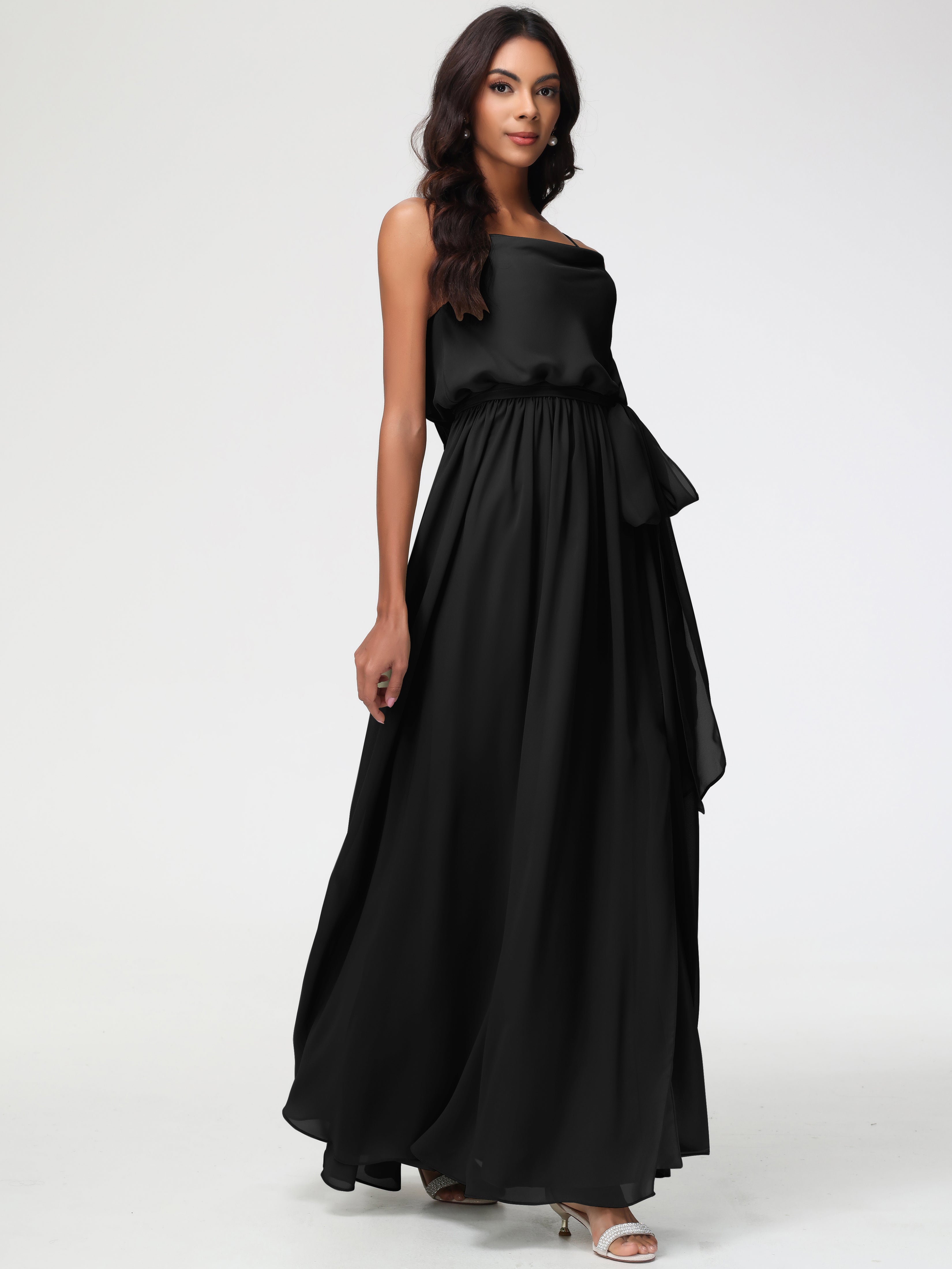A-Line Cowl Spaghetti Straps Sleeveless Long Split Chiffon Bridesmaid Dresses
