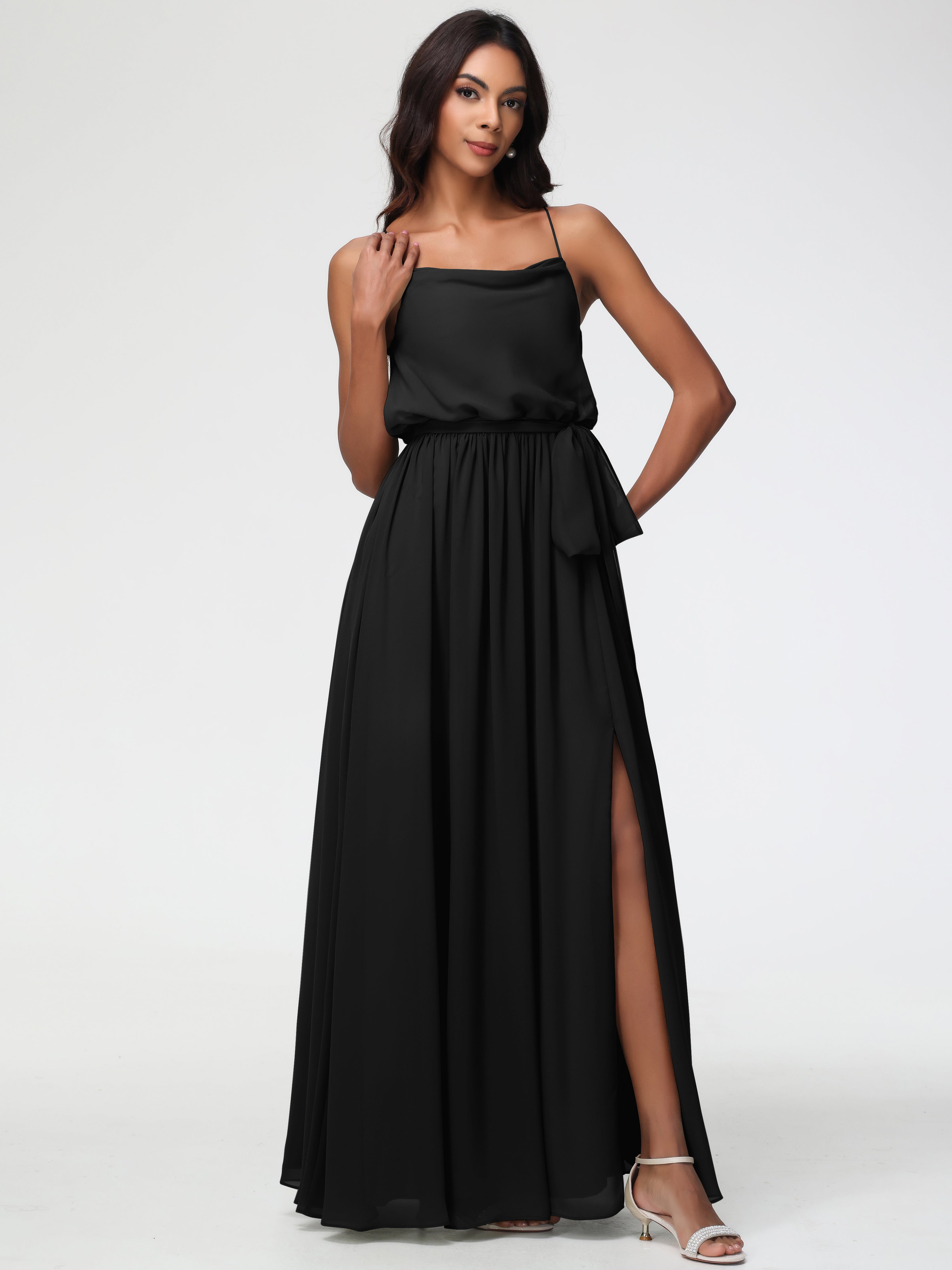 A-Line Cowl Spaghetti Straps Sleeveless Long Split Chiffon Bridesmaid Dresses