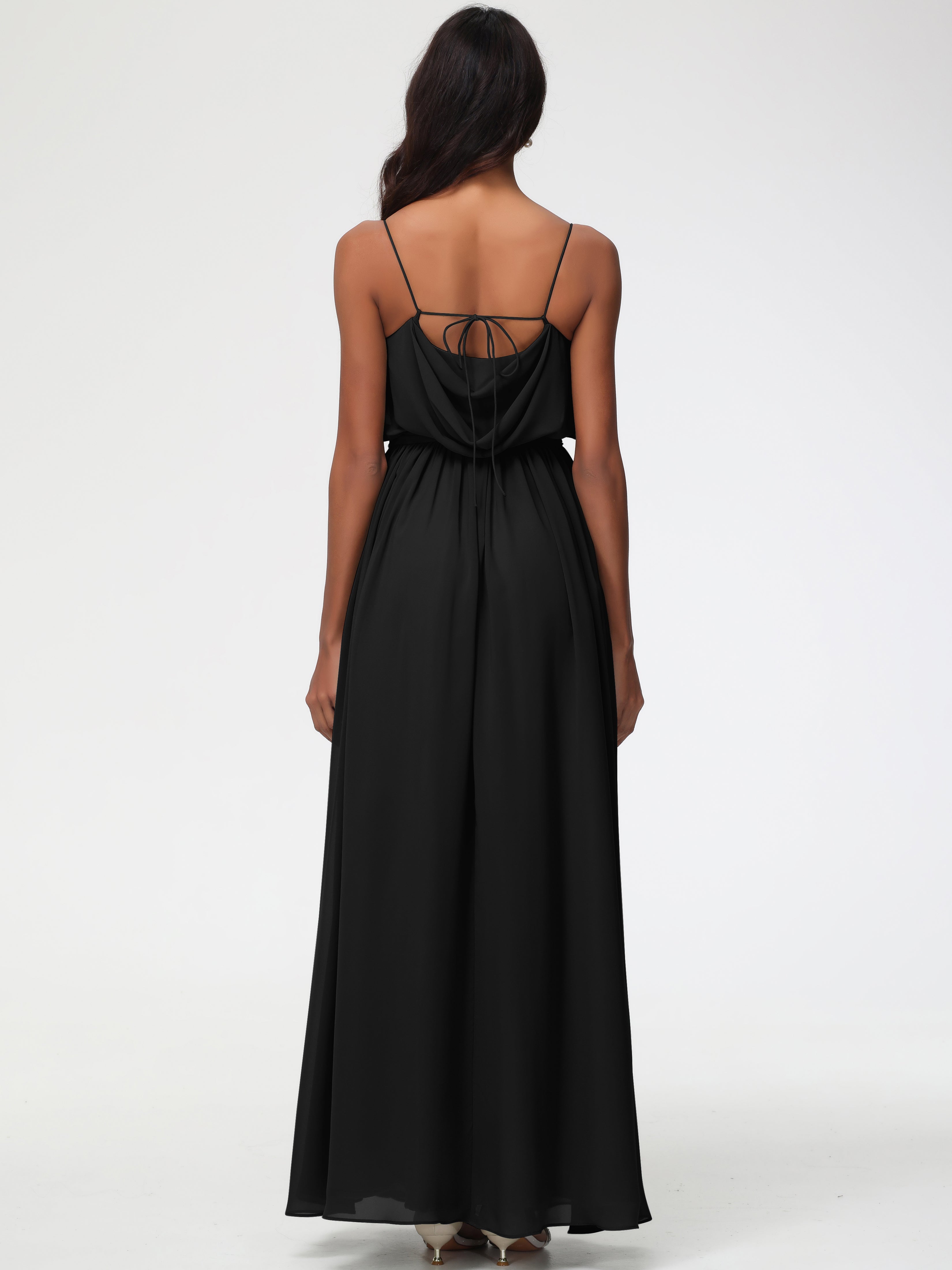 A-Line Cowl Spaghetti Straps Sleeveless Long Split Chiffon Bridesmaid Dresses
