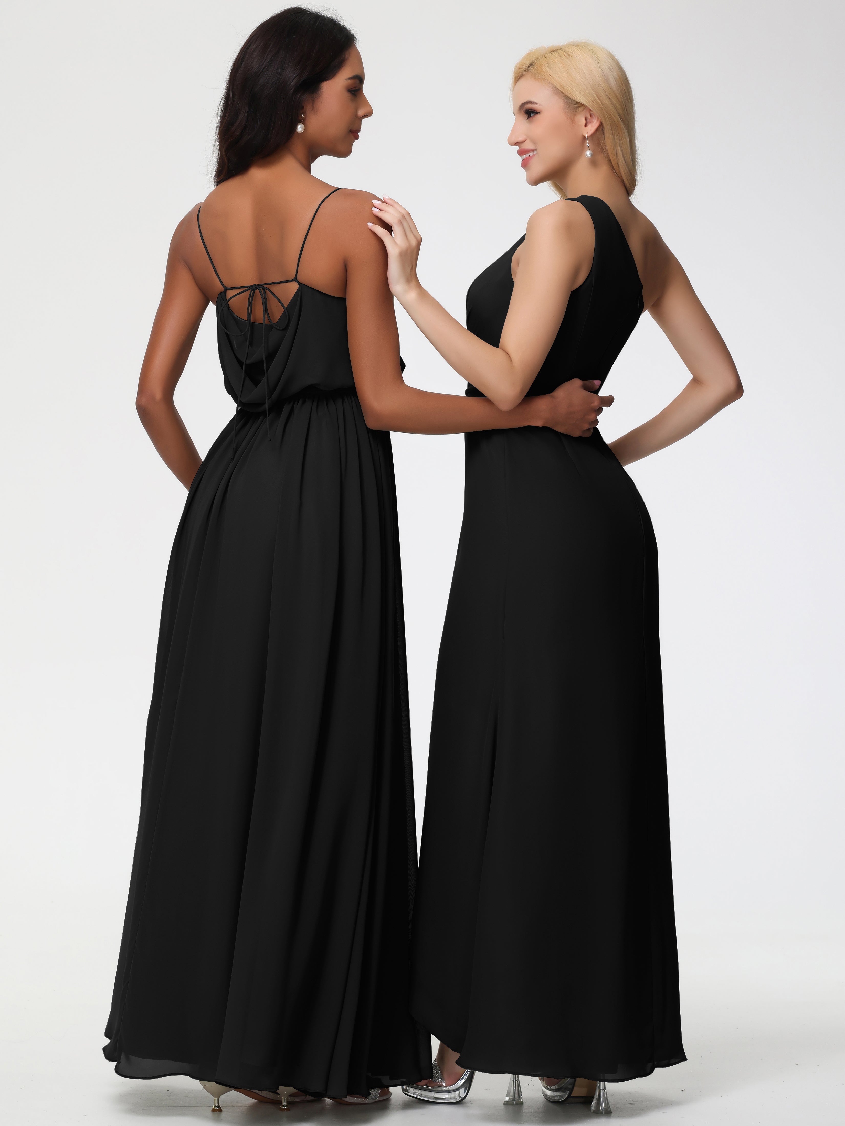 A-Line Cowl Spaghetti Straps Sleeveless Long Split Chiffon Bridesmaid Dresses