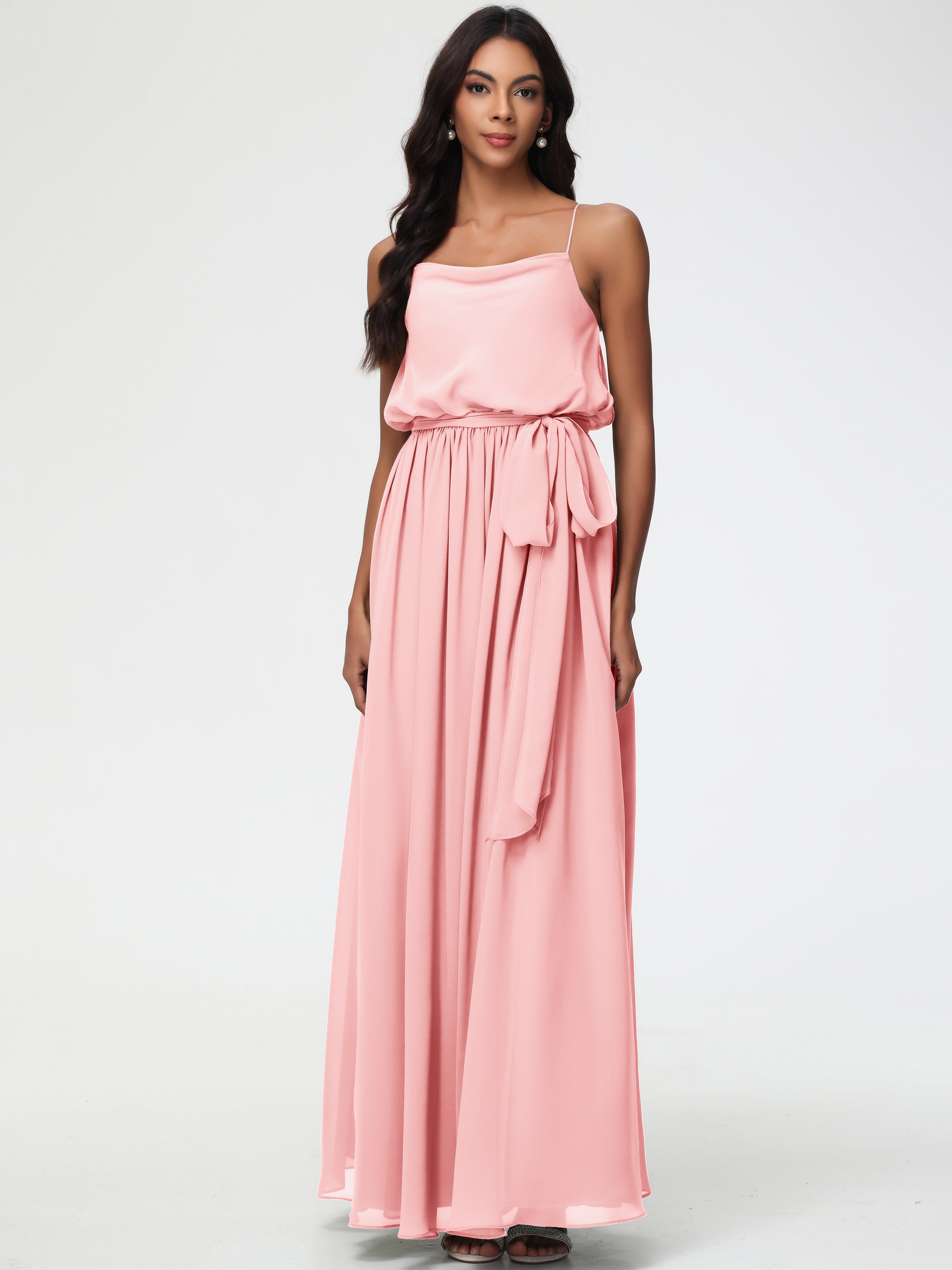 A-Line Cowl Spaghetti Straps Sleeveless Long Split Chiffon Bridesmaid Dresses