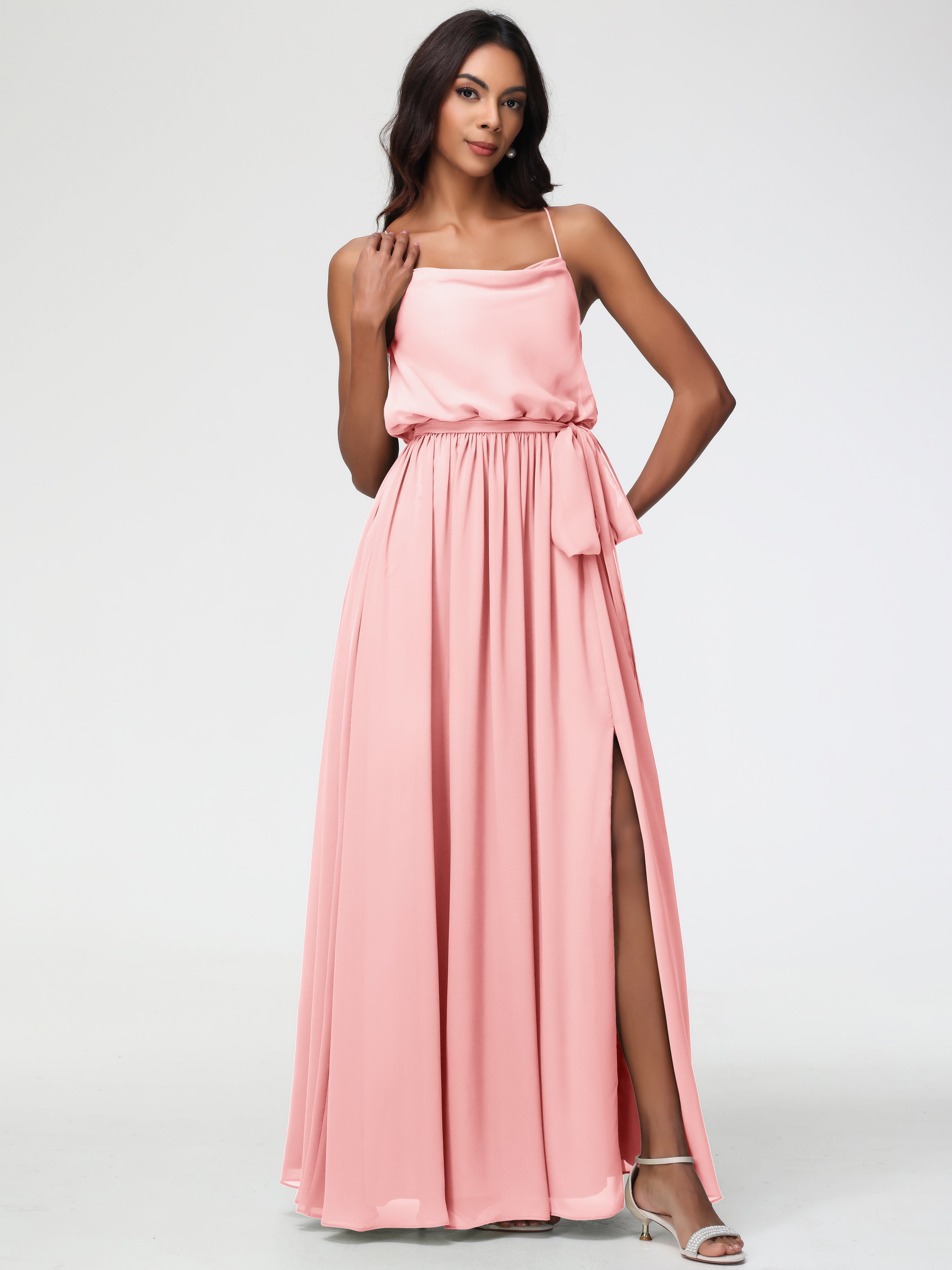 A-Line Cowl Spaghetti Straps Sleeveless Long Split Chiffon Bridesmaid Dresses