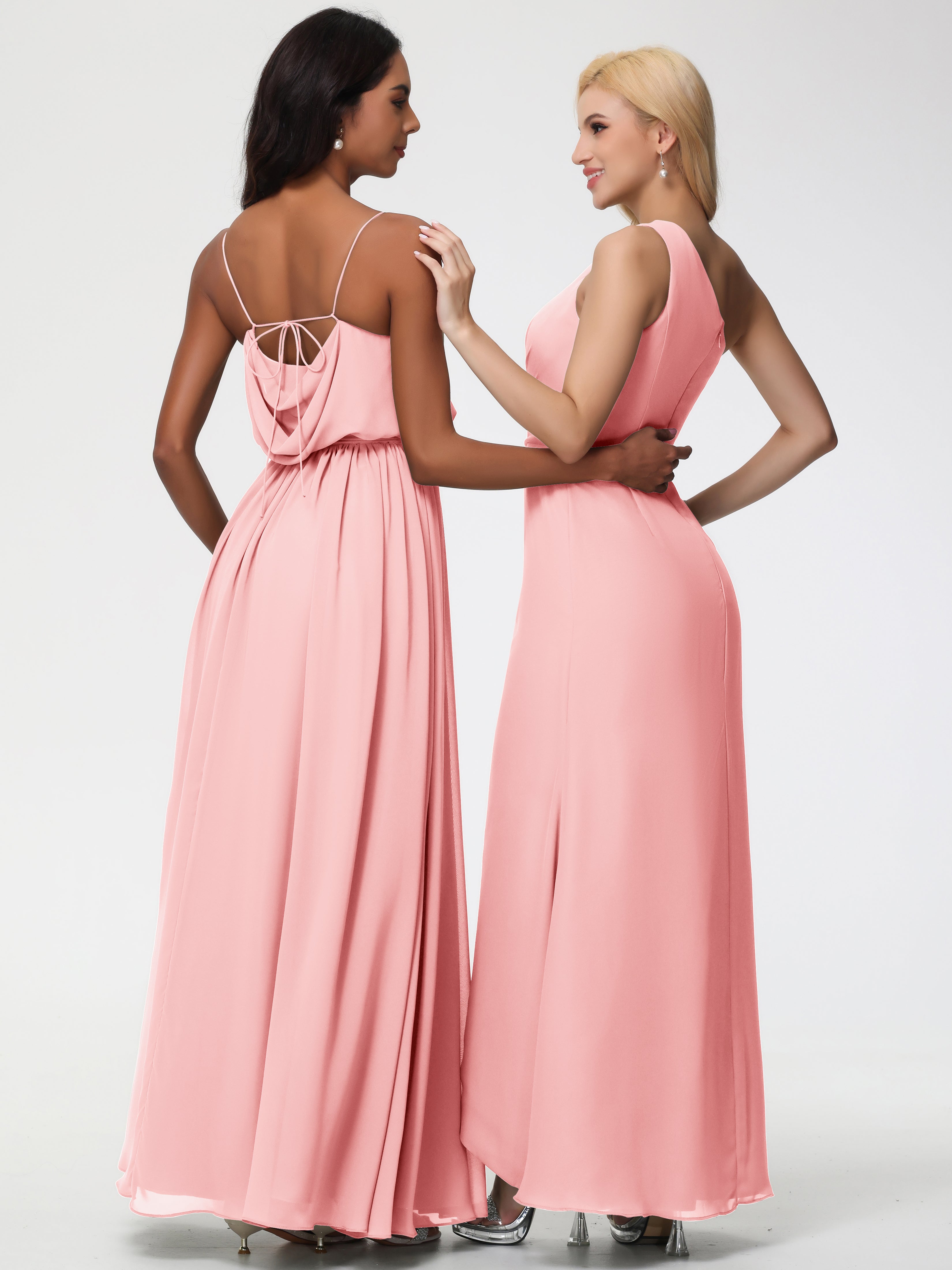 A-Line Cowl Spaghetti Straps Sleeveless Long Split Chiffon Bridesmaid Dresses