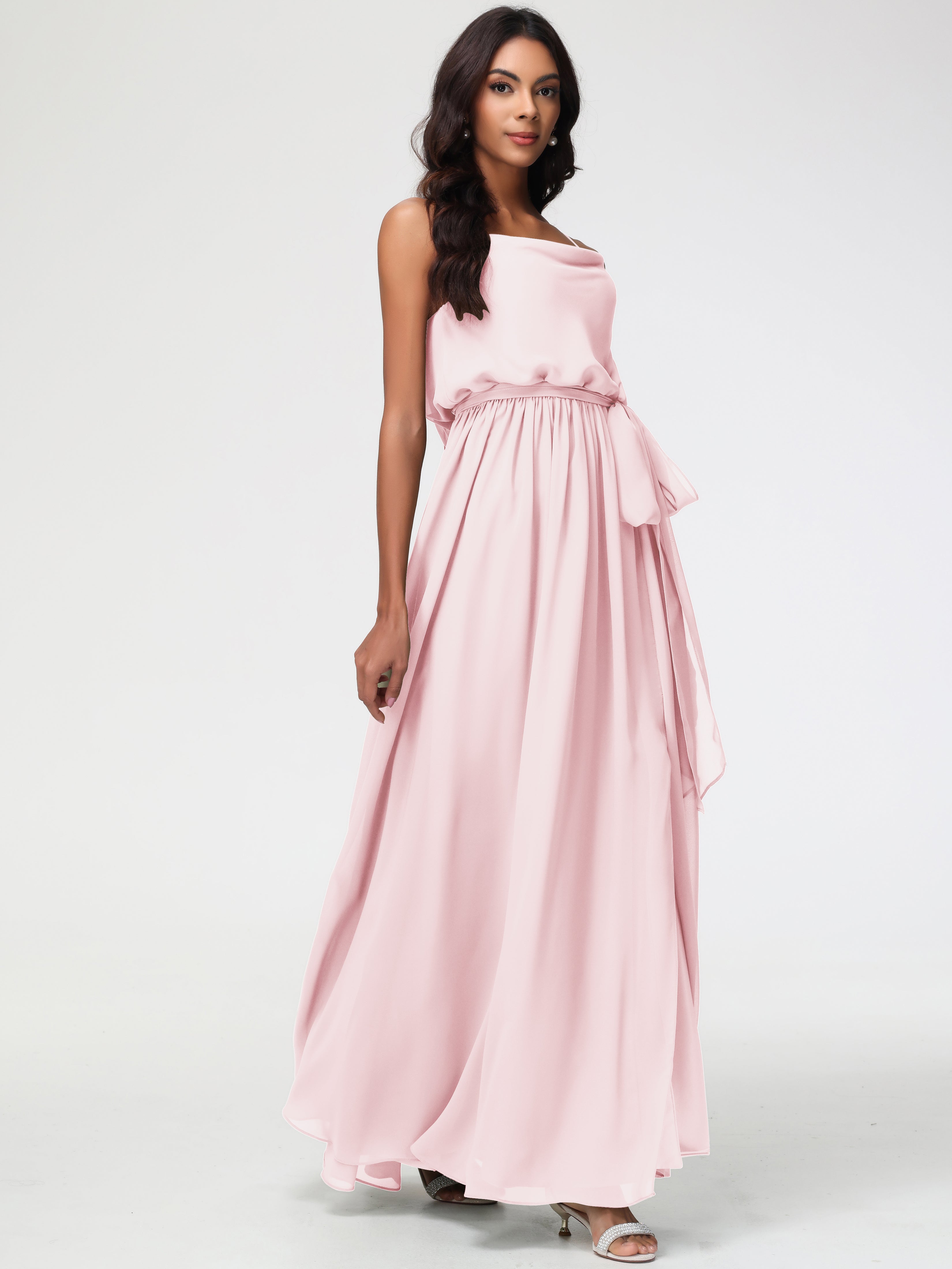 A-Line Cowl Spaghetti Straps Sleeveless Long Split Chiffon Bridesmaid Dresses