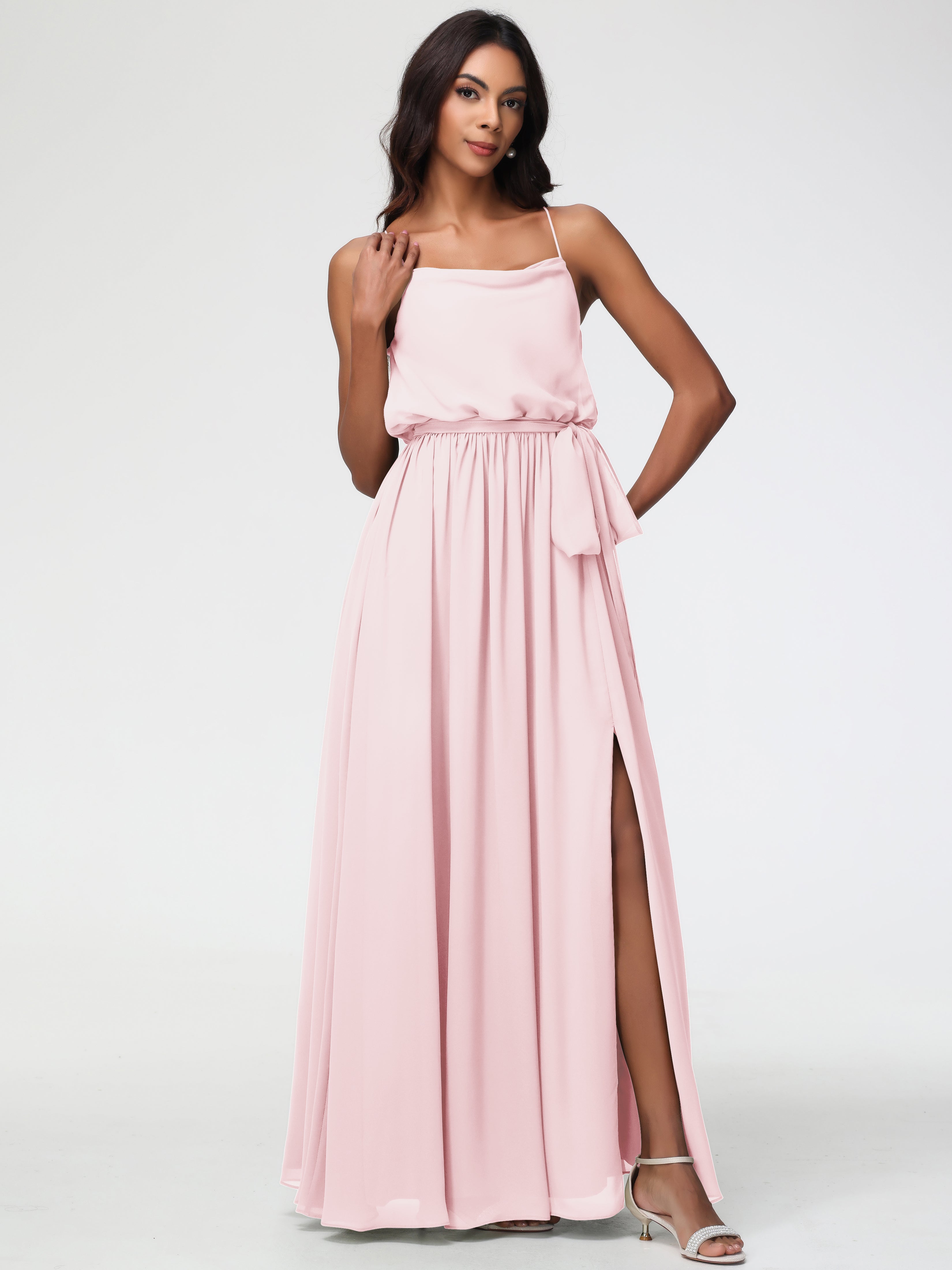 A-Line Cowl Spaghetti Straps Sleeveless Long Split Chiffon Bridesmaid Dresses