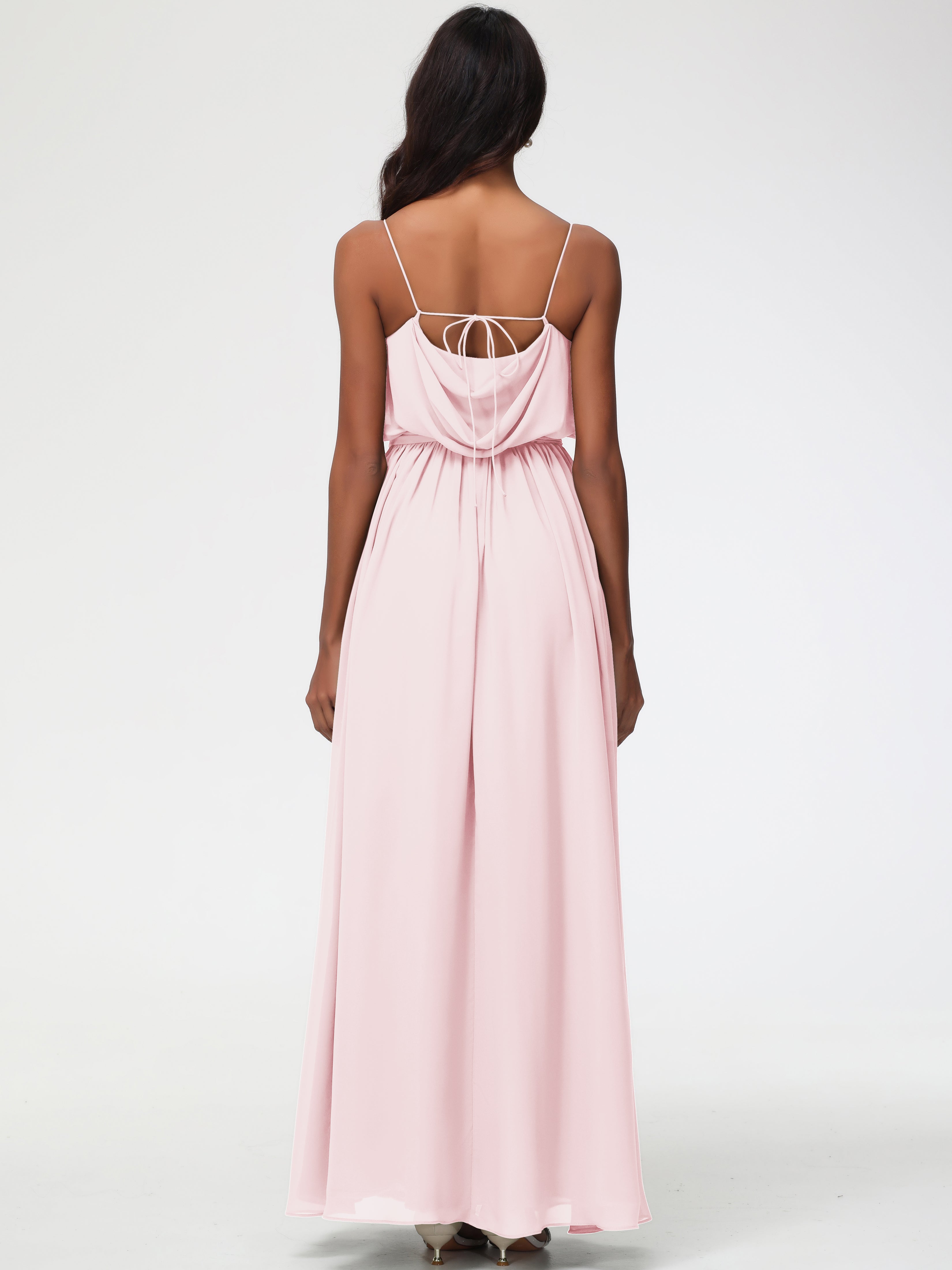 A-Line Cowl Spaghetti Straps Sleeveless Long Split Chiffon Bridesmaid Dresses