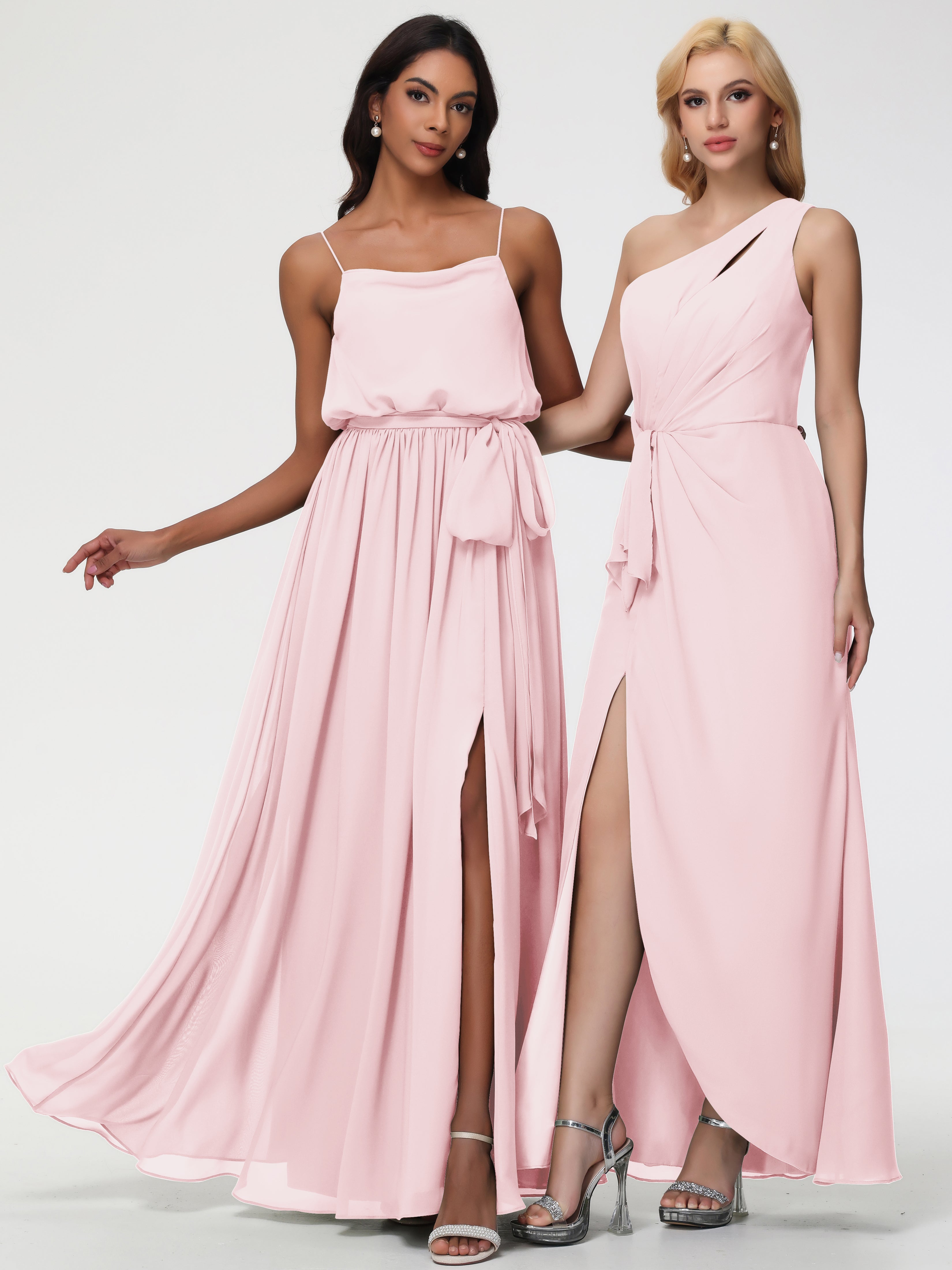 A-Line Cowl Spaghetti Straps Sleeveless Long Split Chiffon Bridesmaid Dresses