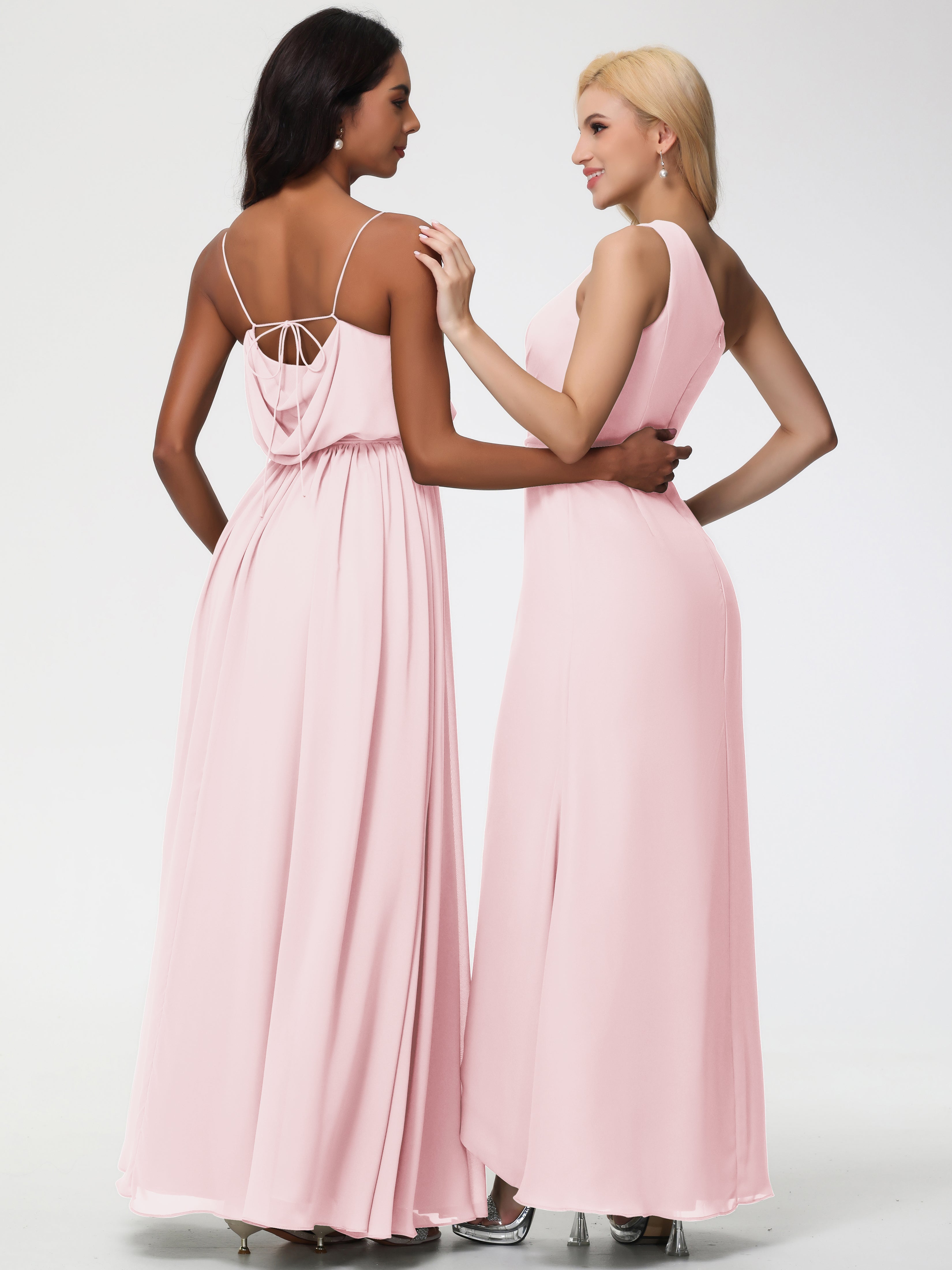 A-Line Cowl Spaghetti Straps Sleeveless Long Split Chiffon Bridesmaid Dresses