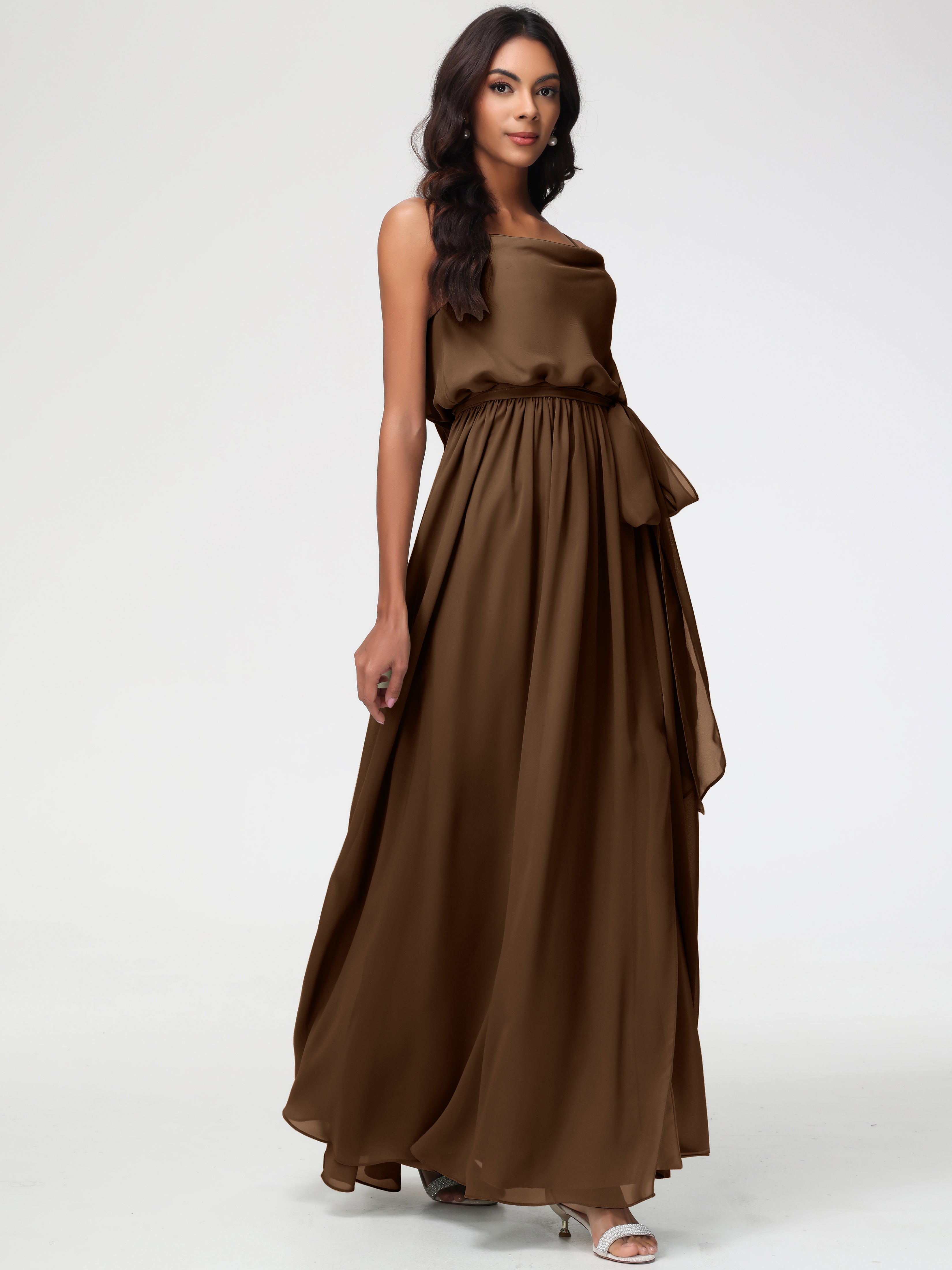 A-Line Cowl Spaghetti Straps Sleeveless Long Split Chiffon Bridesmaid Dresses