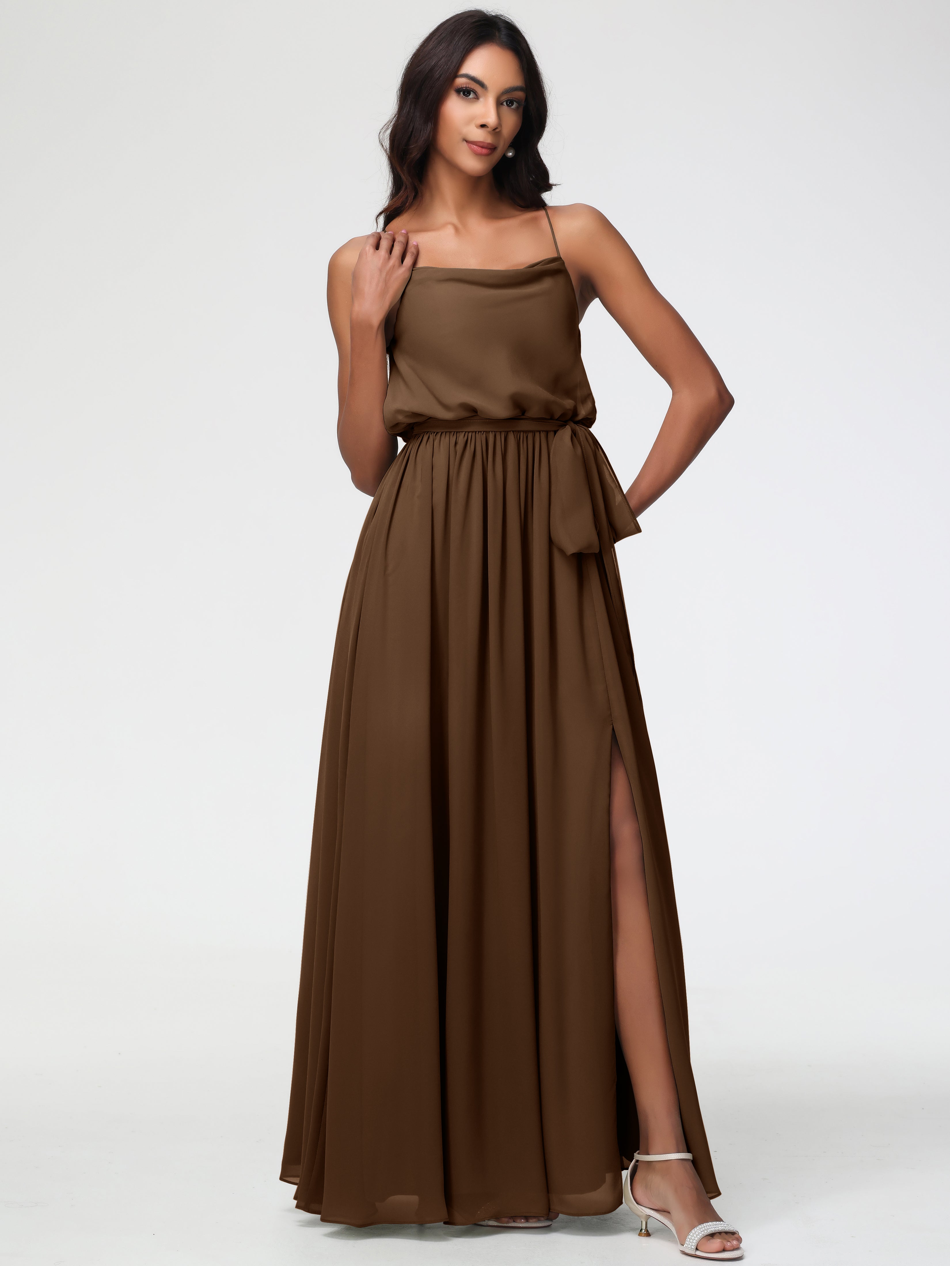 A-Line Cowl Spaghetti Straps Sleeveless Long Split Chiffon Bridesmaid Dresses