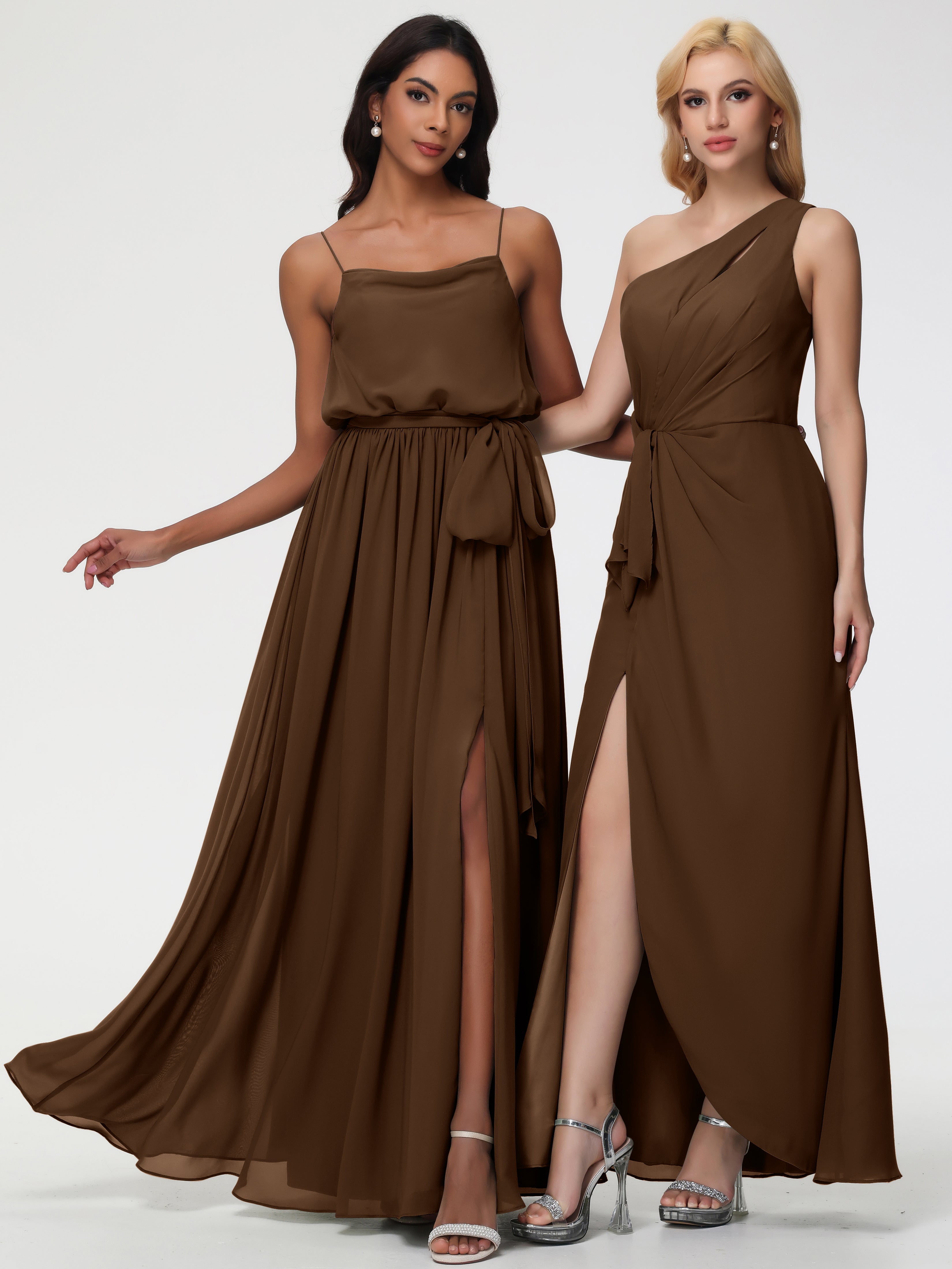 A-Line Cowl Spaghetti Straps Sleeveless Long Split Chiffon Bridesmaid Dresses