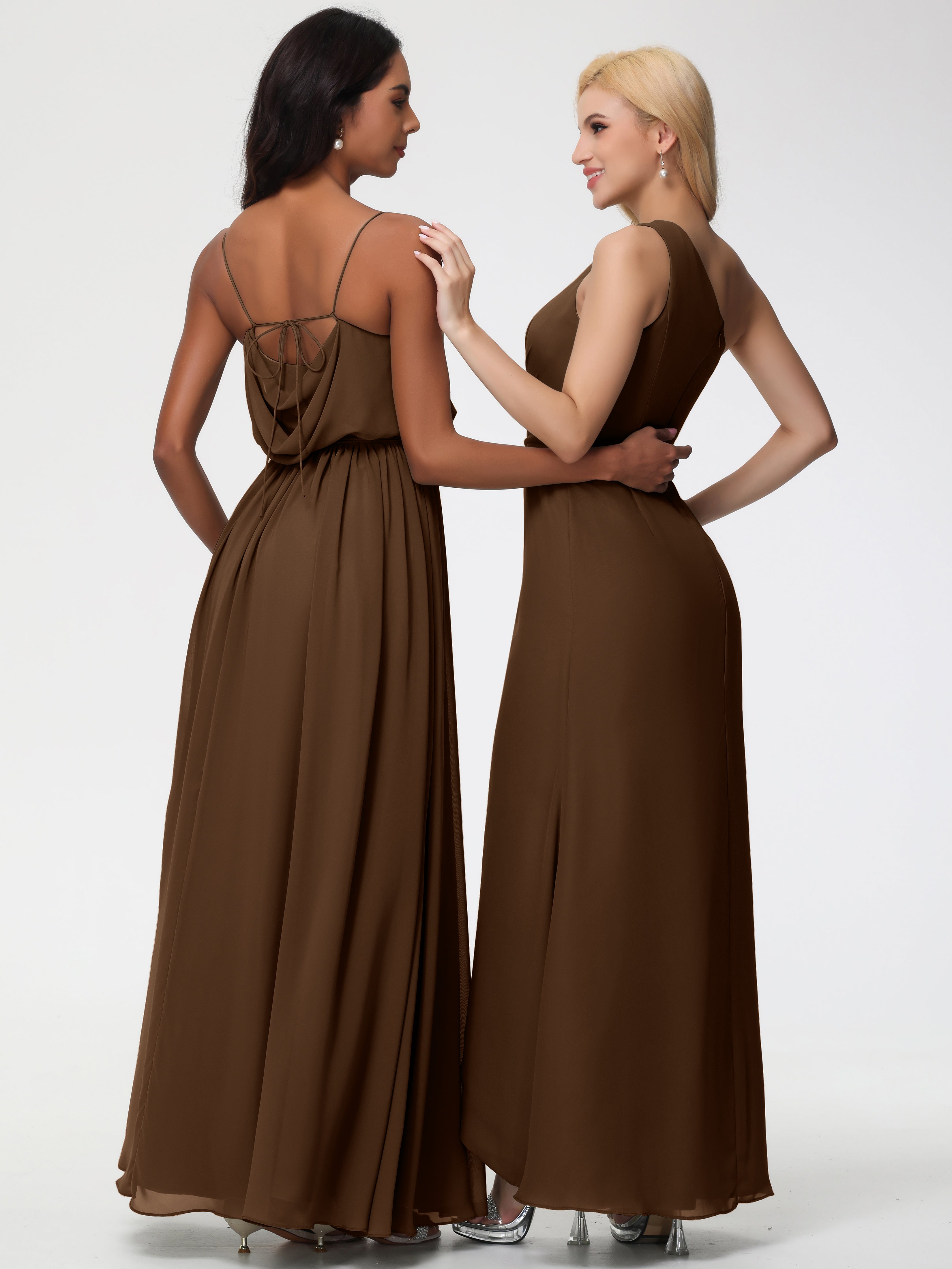 A-Line Cowl Spaghetti Straps Sleeveless Long Split Chiffon Bridesmaid Dresses