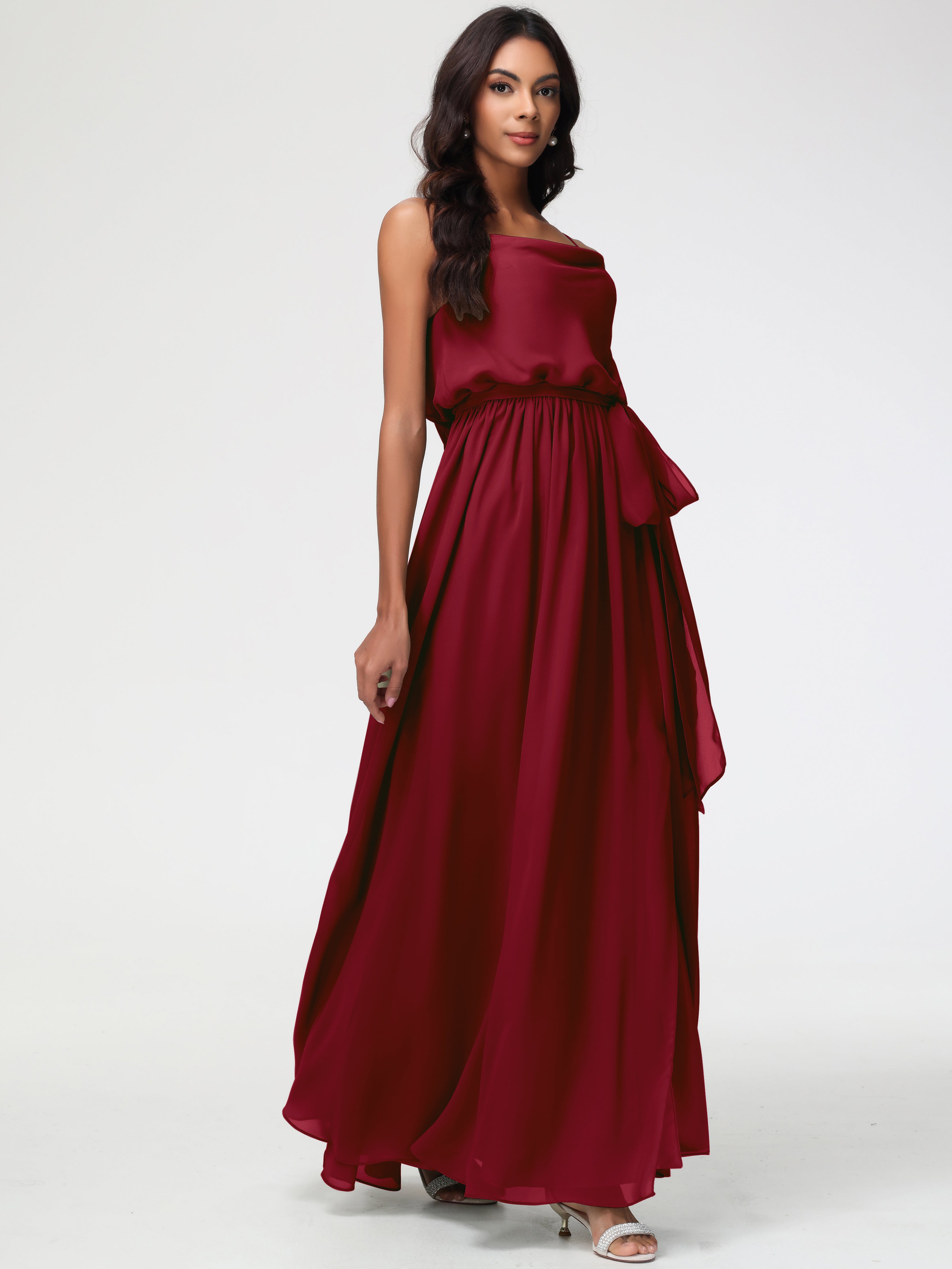 A-Line Cowl Spaghetti Straps Sleeveless Long Split Chiffon Bridesmaid Dresses
