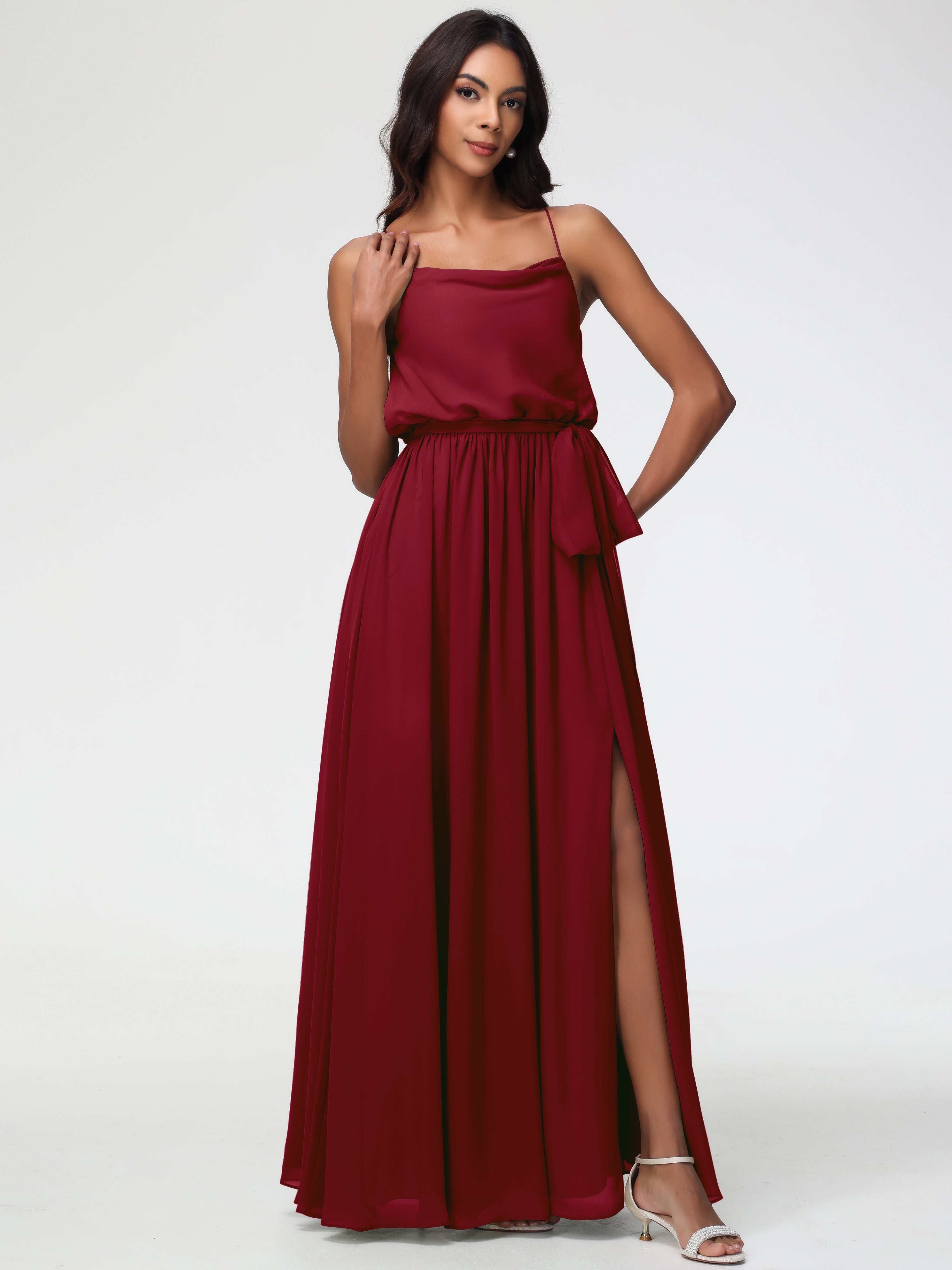 A-Line Cowl Spaghetti Straps Sleeveless Long Split Chiffon Bridesmaid Dresses
