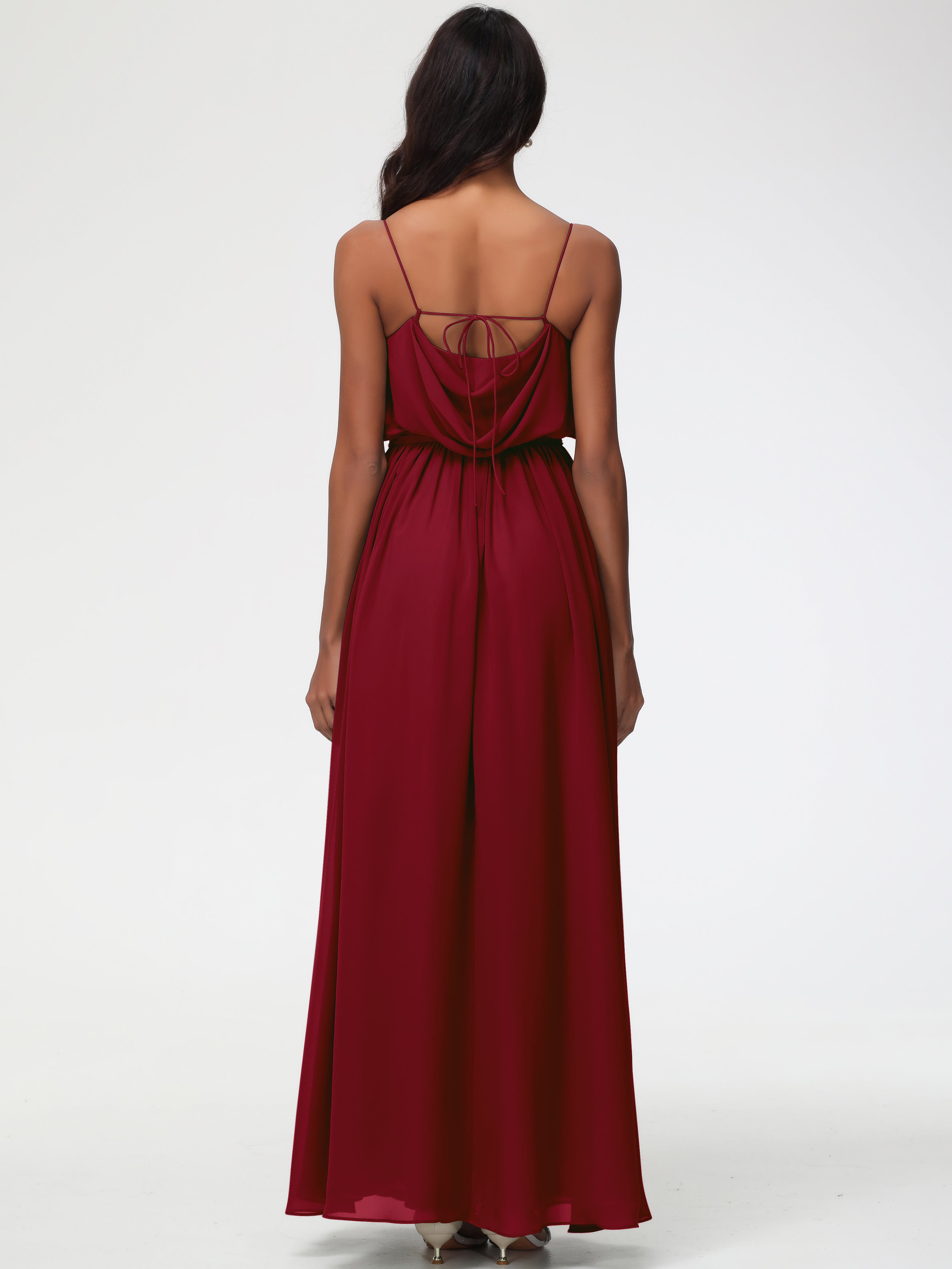 A-Line Cowl Spaghetti Straps Sleeveless Long Split Chiffon Bridesmaid Dresses