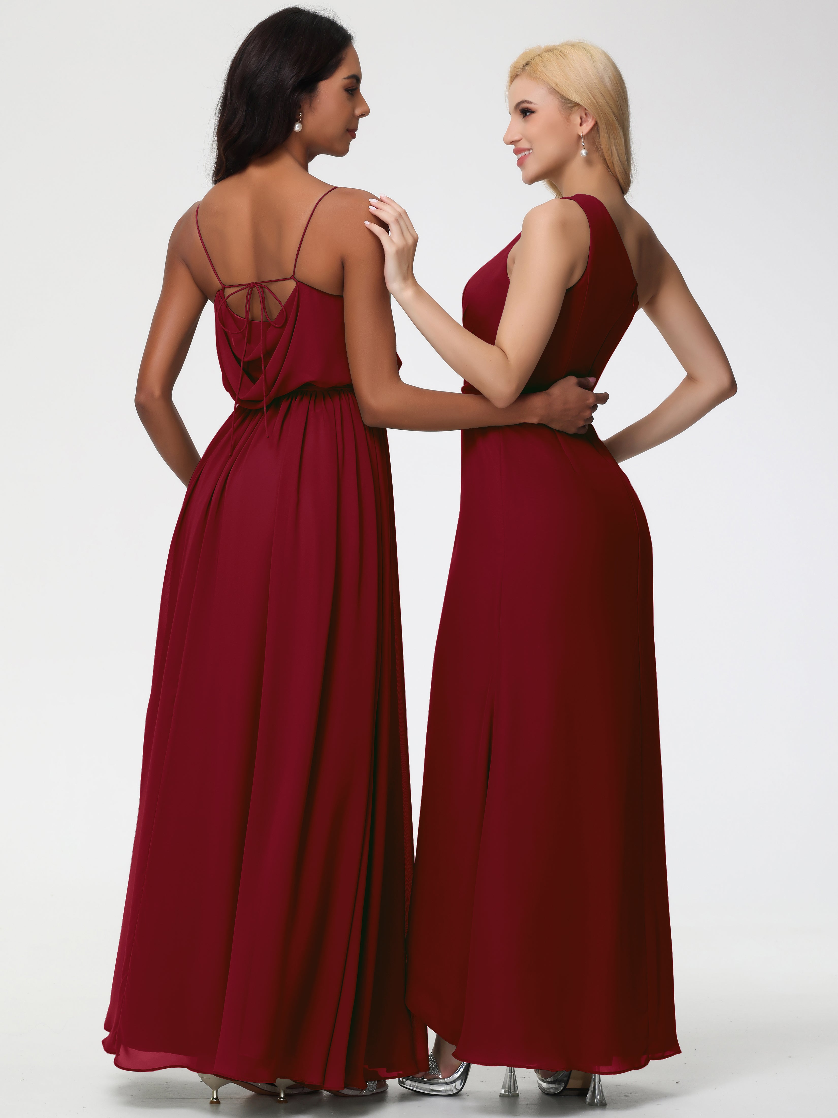 A-Line Cowl Spaghetti Straps Sleeveless Long Split Chiffon Bridesmaid Dresses
