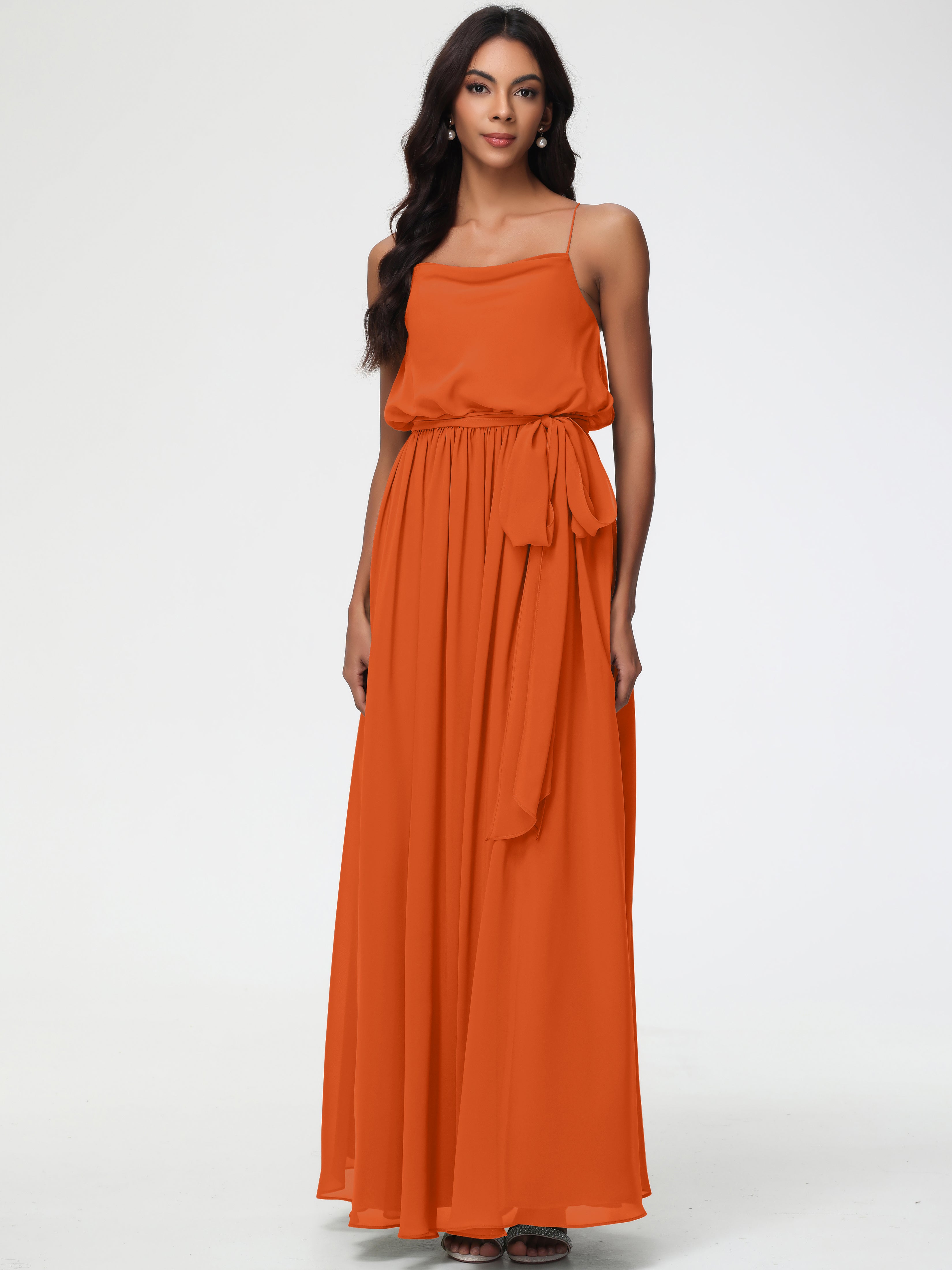 A-Line Cowl Spaghetti Straps Sleeveless Long Split Chiffon Bridesmaid Dresses