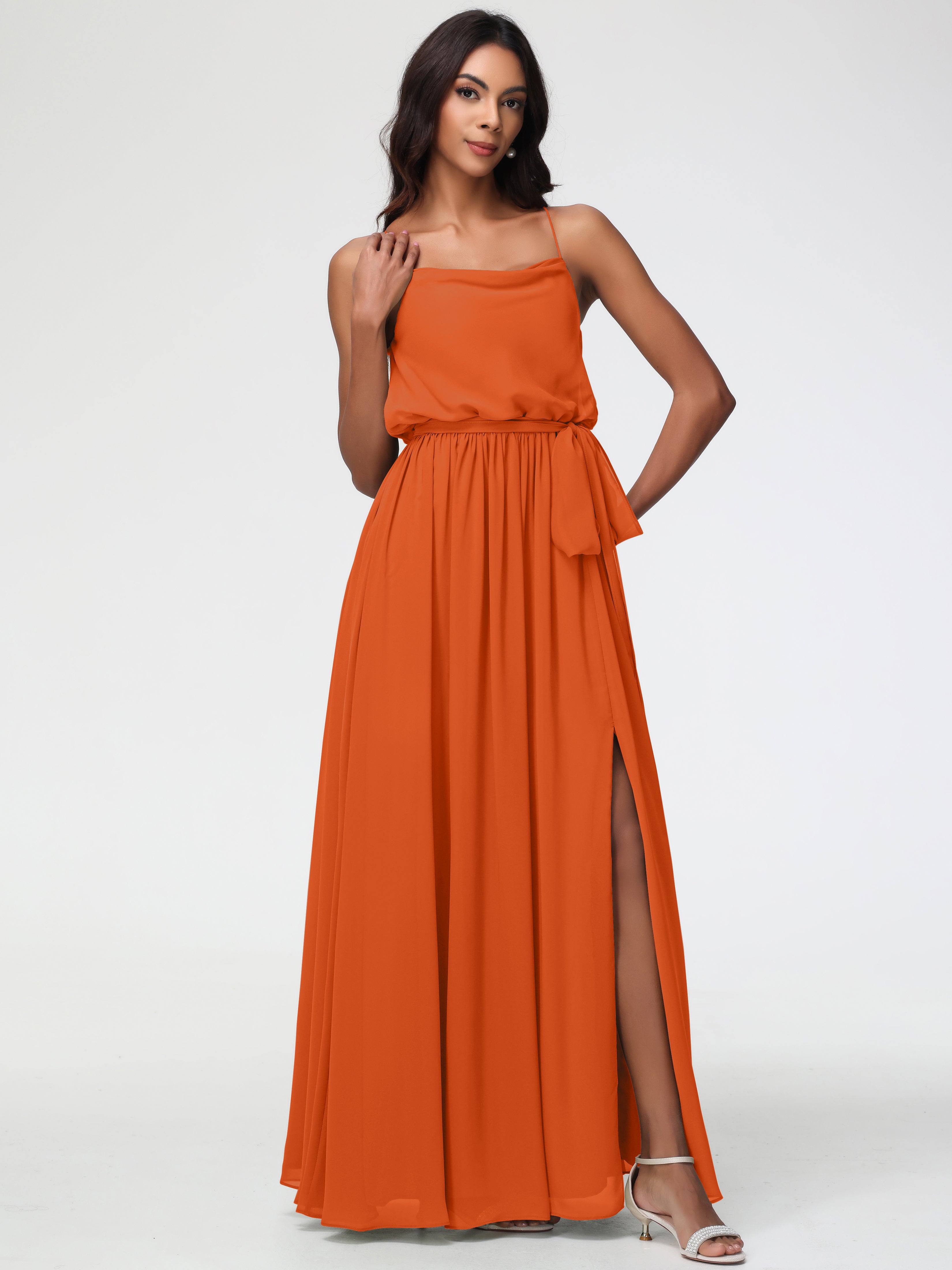 A-Line Cowl Spaghetti Straps Sleeveless Long Split Chiffon Bridesmaid Dresses