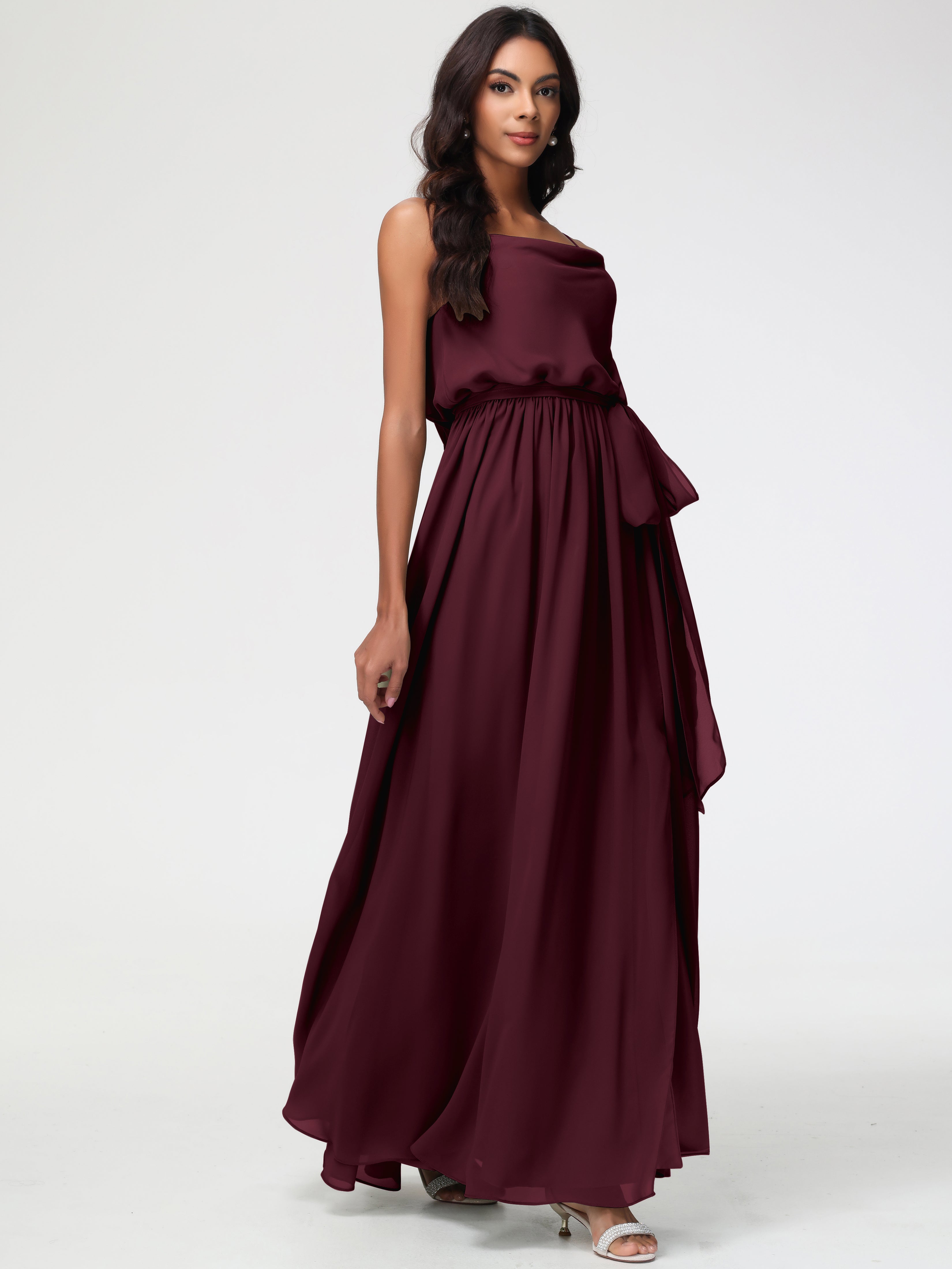 A-Line Cowl Spaghetti Straps Sleeveless Long Split Chiffon Bridesmaid Dresses