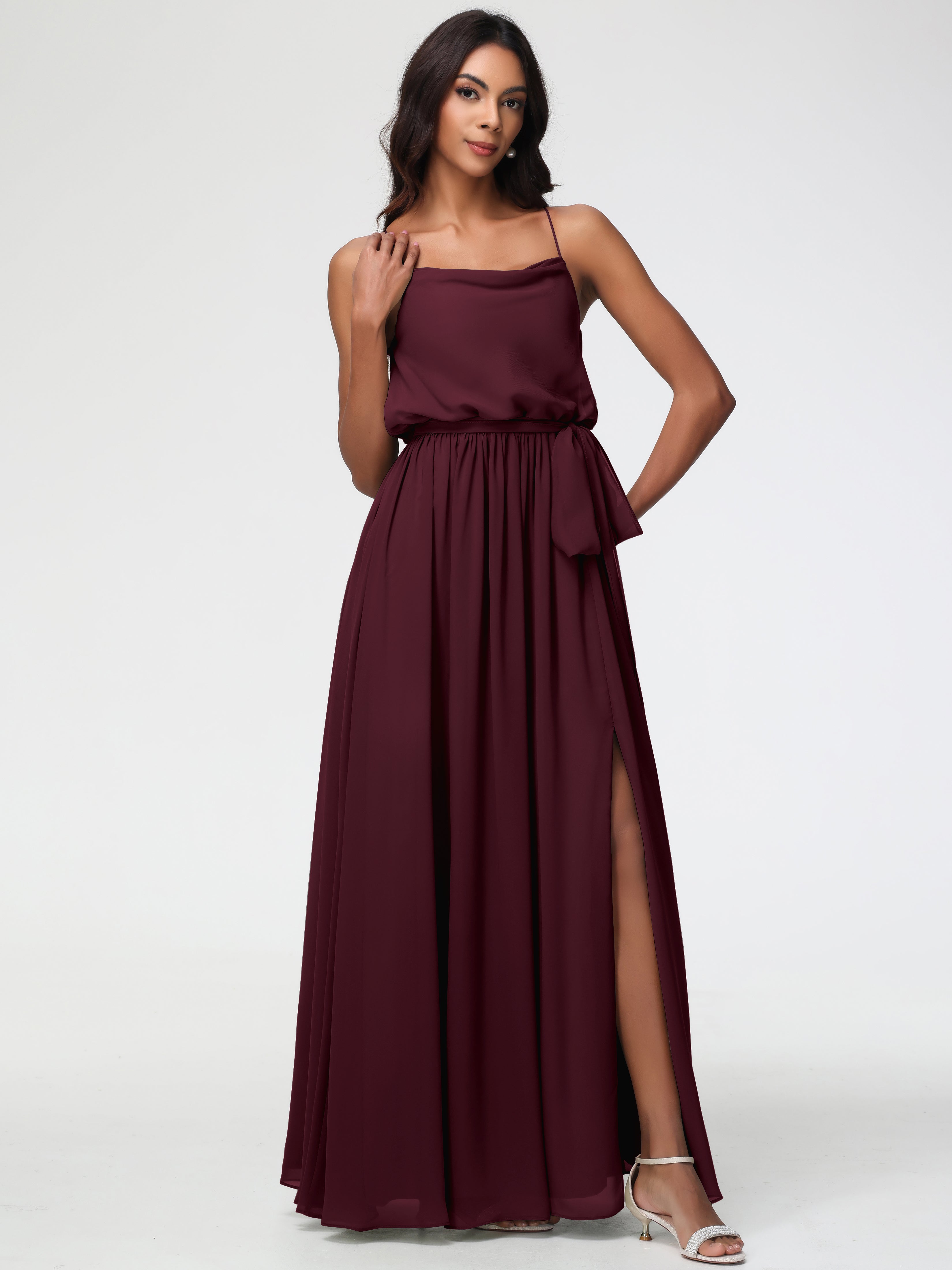 A-Line Cowl Spaghetti Straps Sleeveless Long Split Chiffon Bridesmaid Dresses
