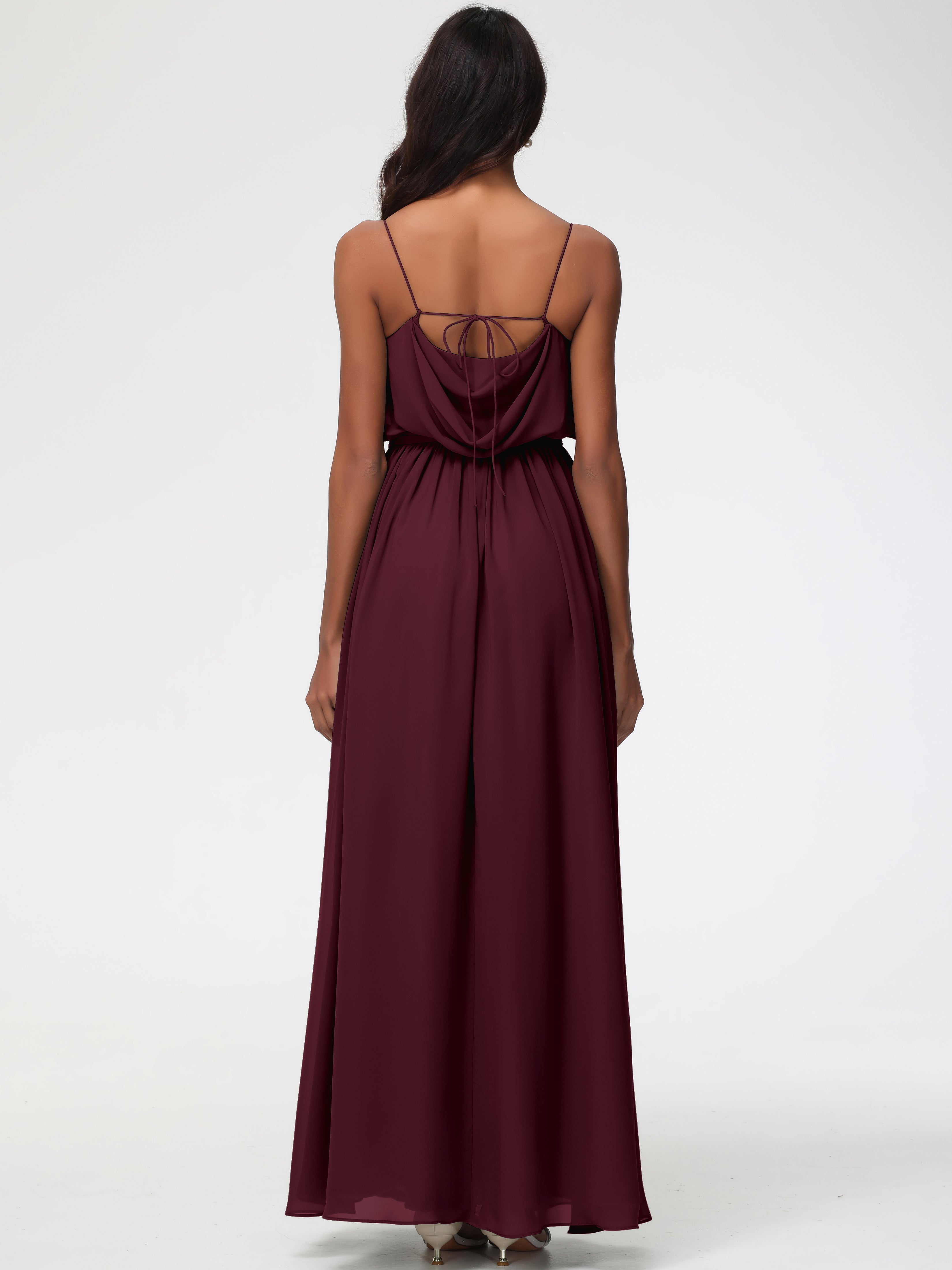 A-Line Cowl Spaghetti Straps Sleeveless Long Split Chiffon Bridesmaid Dresses
