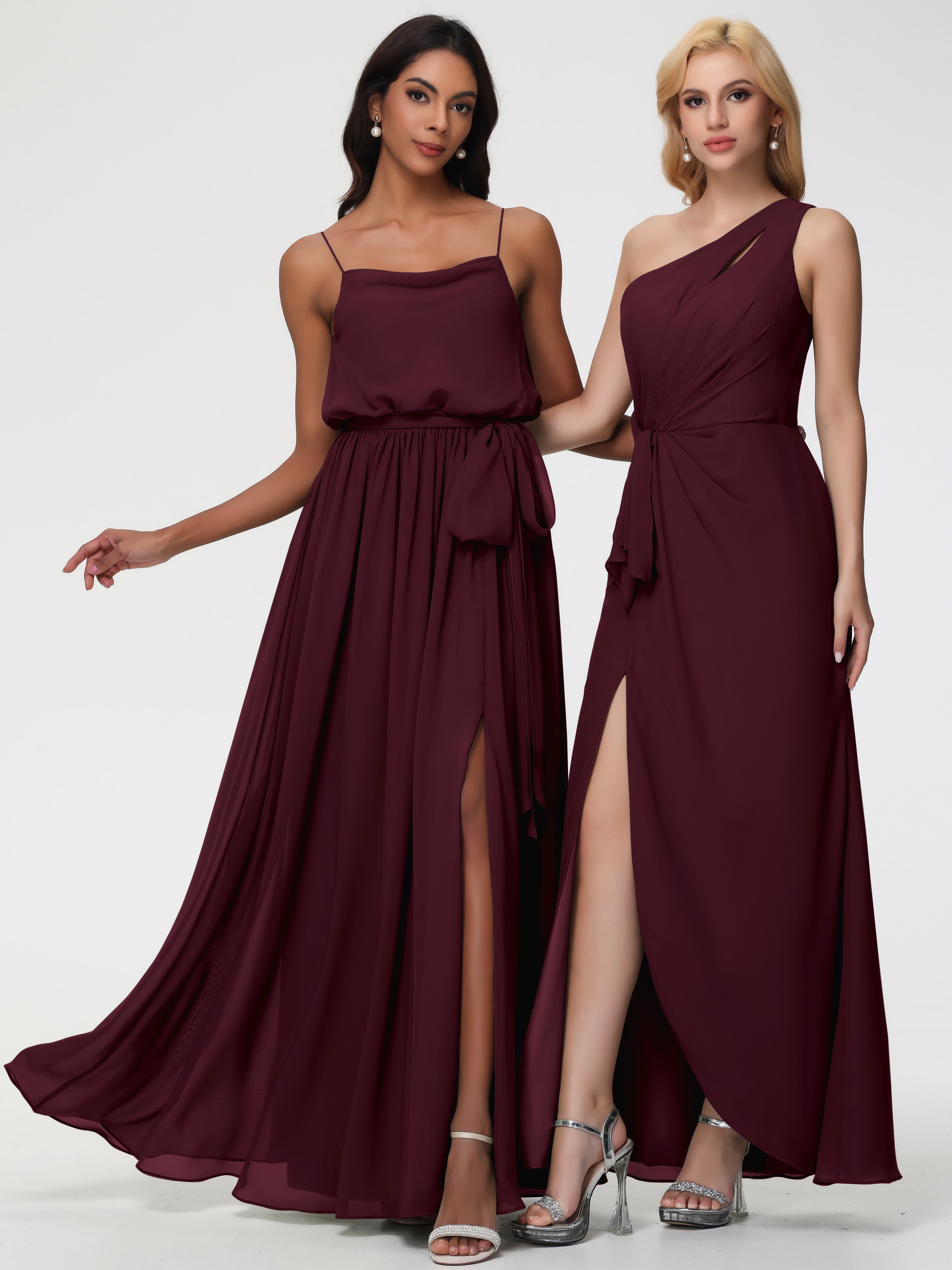 A-Line Cowl Spaghetti Straps Sleeveless Long Split Chiffon Bridesmaid Dresses