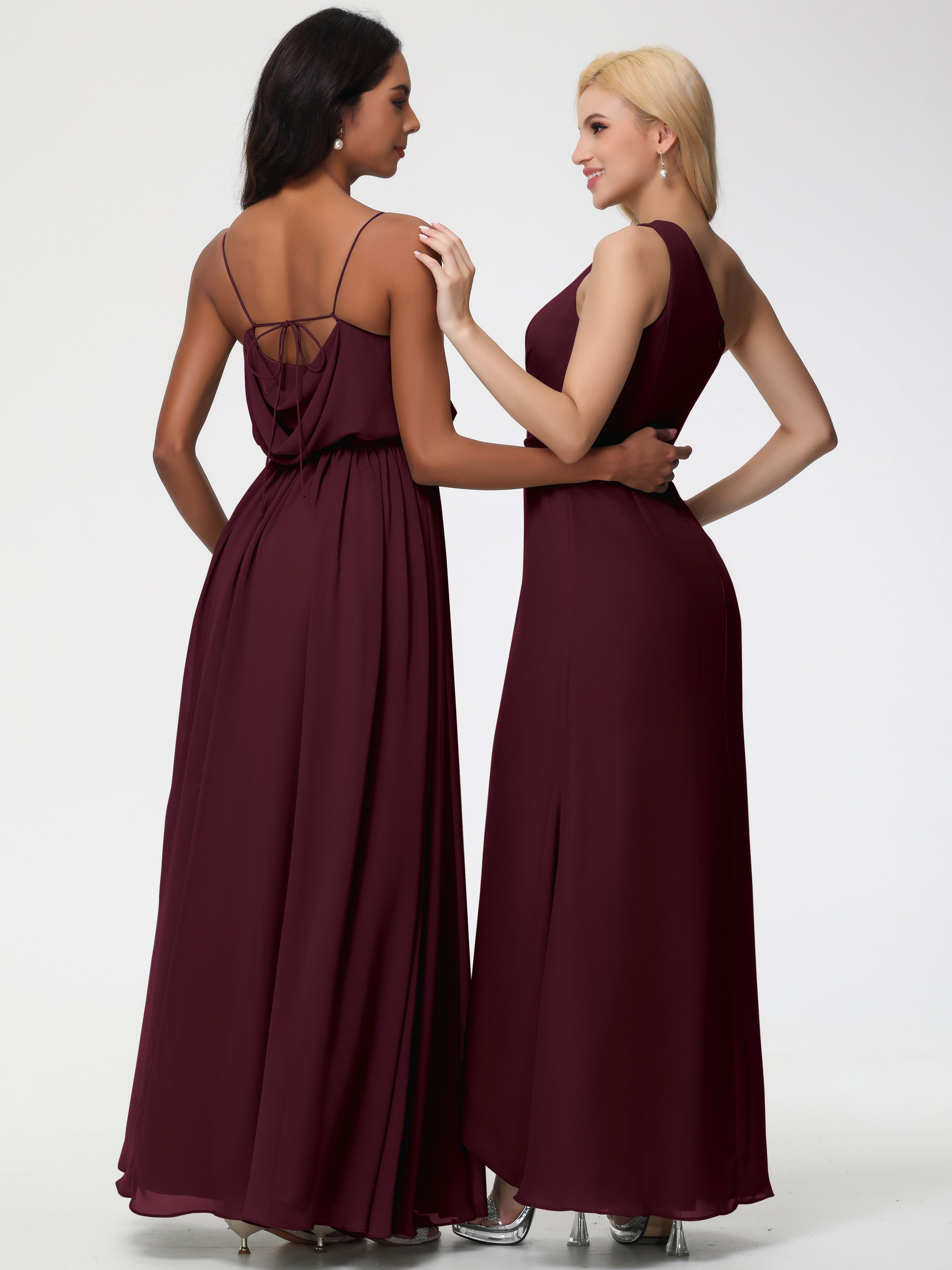A-Line Cowl Spaghetti Straps Sleeveless Long Split Chiffon Bridesmaid Dresses