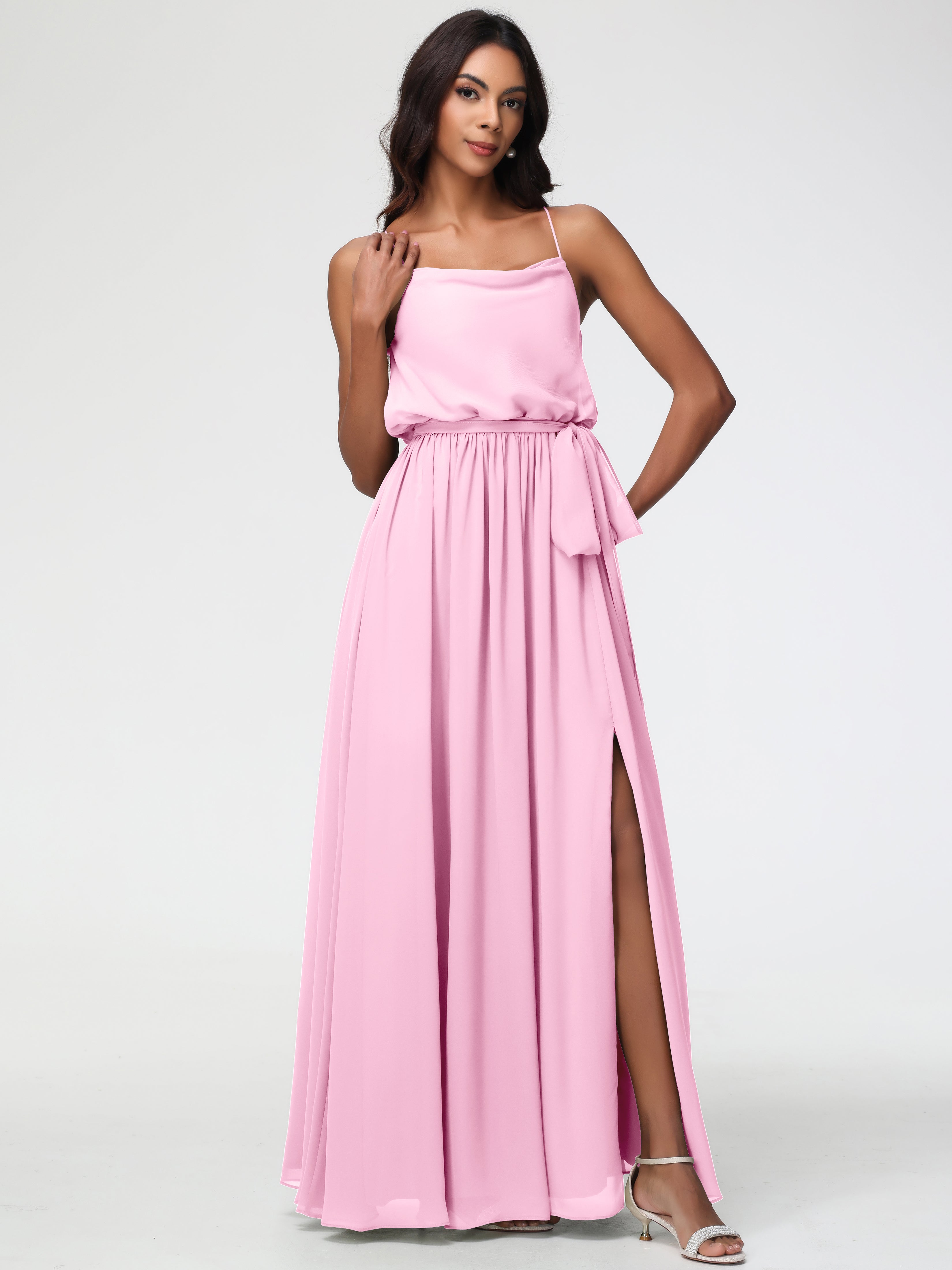 A-Line Cowl Spaghetti Straps Sleeveless Long Split Chiffon Bridesmaid Dresses