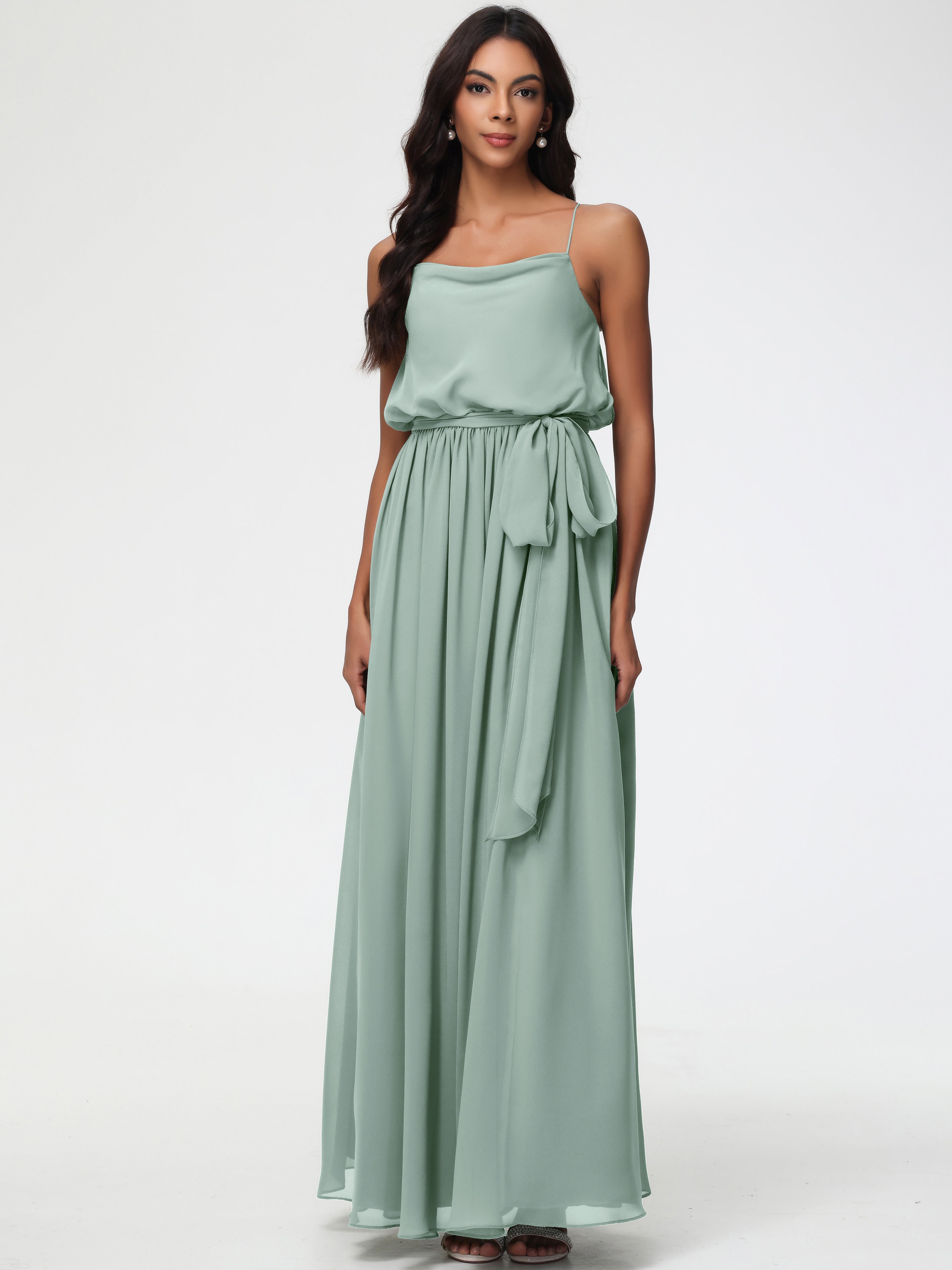 A-Line Cowl Spaghetti Straps Sleeveless Long Split Chiffon Bridesmaid Dresses