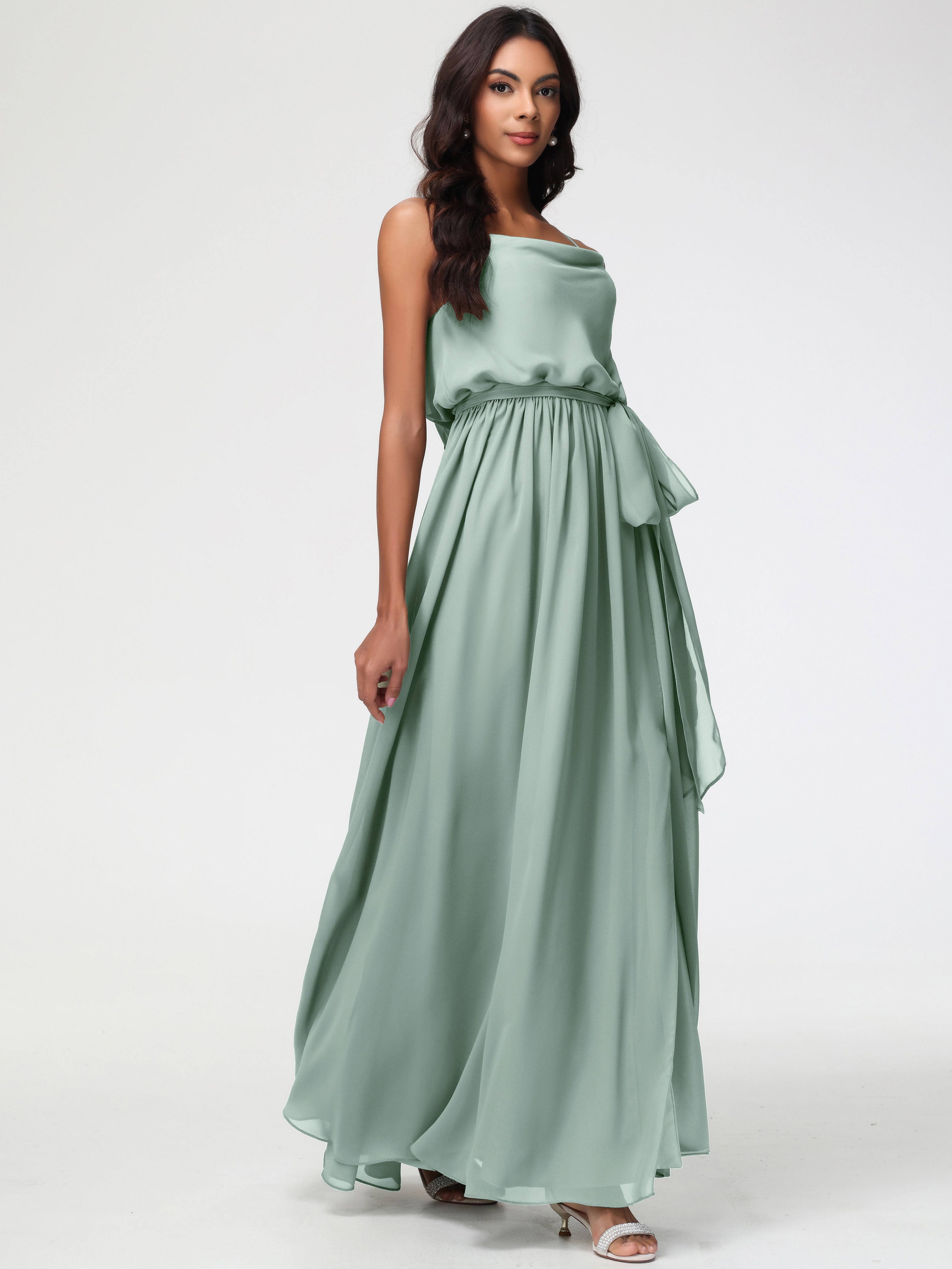A-Line Cowl Spaghetti Straps Sleeveless Long Split Chiffon Bridesmaid Dresses
