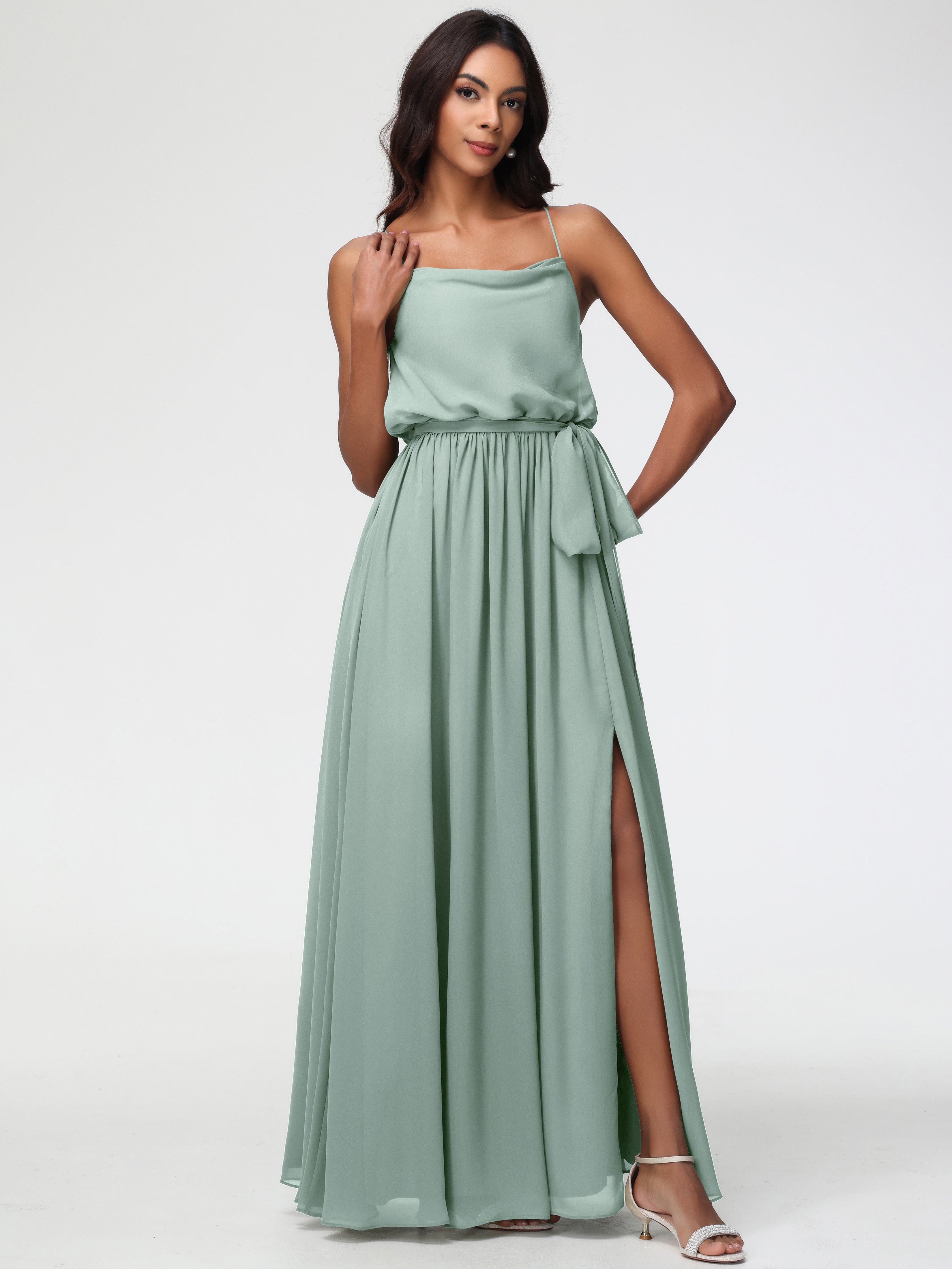 A-Line Cowl Spaghetti Straps Sleeveless Long Split Chiffon Bridesmaid Dresses