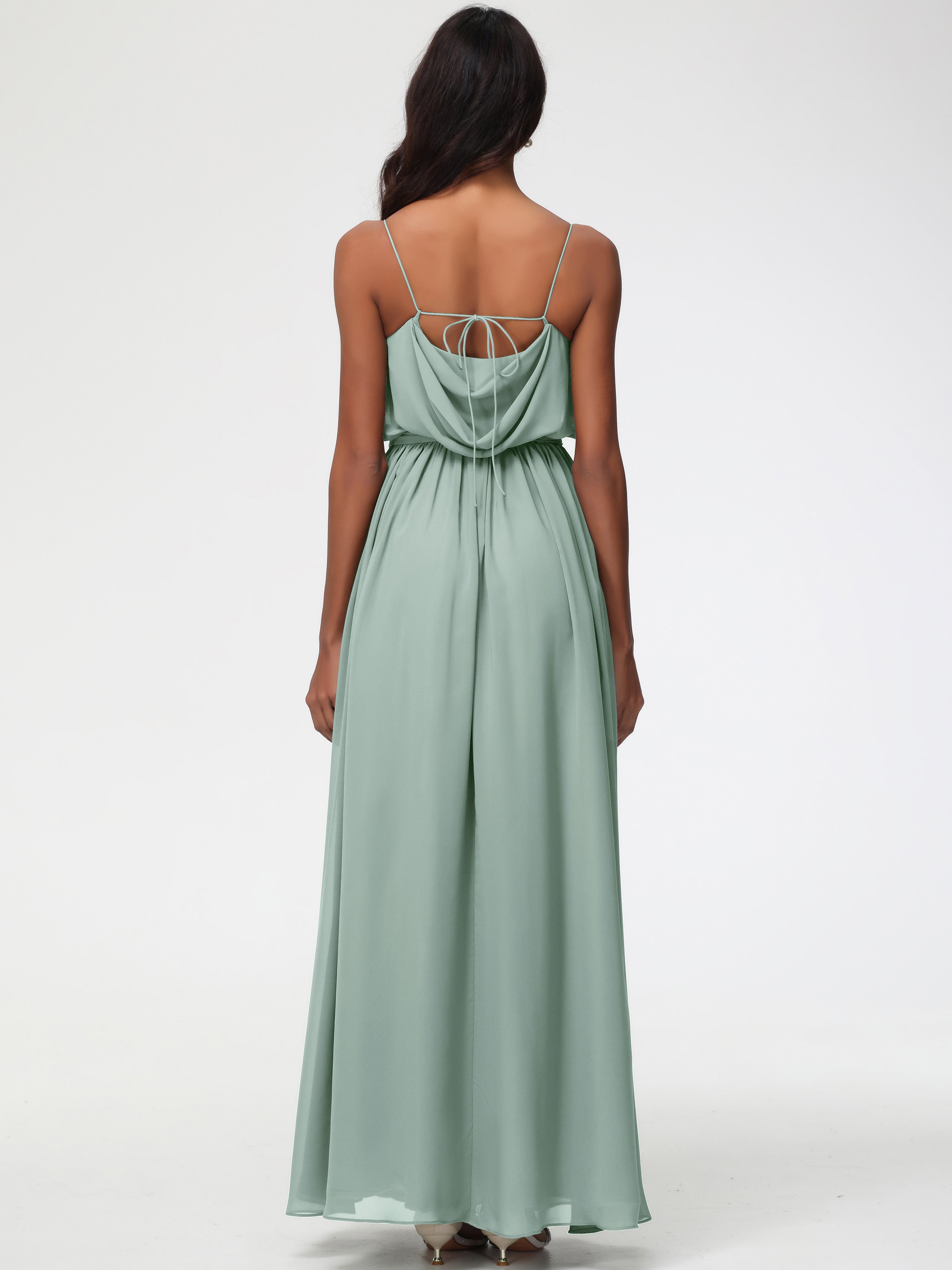 A-Line Cowl Spaghetti Straps Sleeveless Long Split Chiffon Bridesmaid Dresses