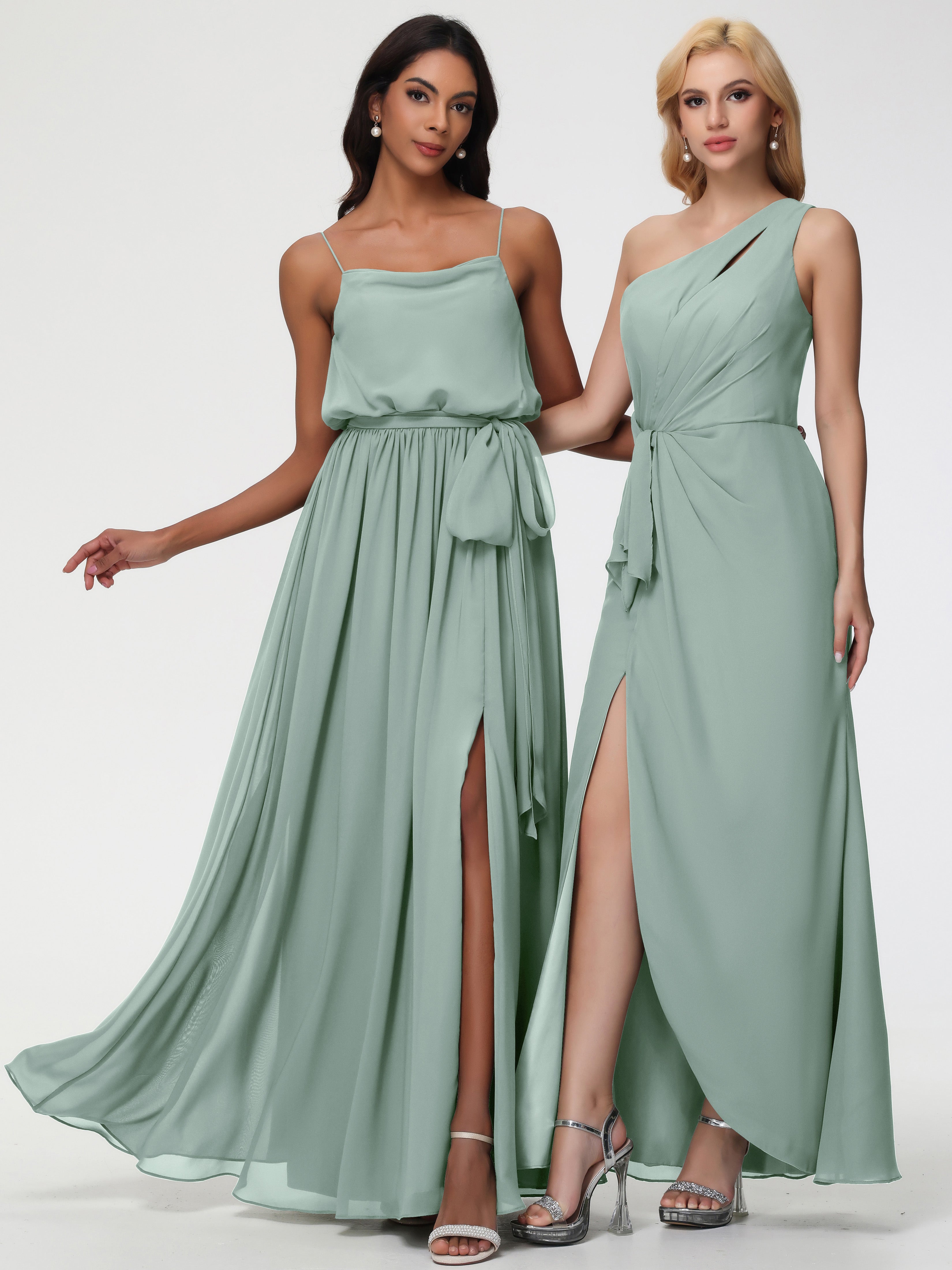 A-Line Cowl Spaghetti Straps Sleeveless Long Split Chiffon Bridesmaid Dresses